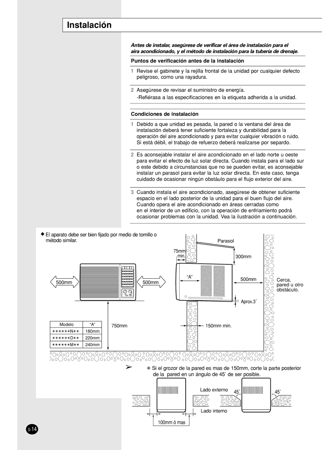 Samsung AW07A(G)2NBA/DE/EA Instalación, Puntos de verificación antes de la instalación, Condiciones de instalación 