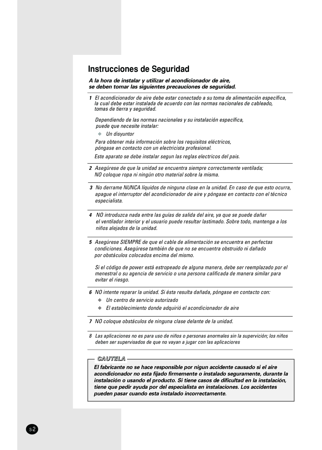 Samsung AW10F2DBA/DA/EA, AW07F2NBA/DE/EA, AW07A(G)2NBA/DE/EA, AW22F2MBA/BB/EA/EB Instrucciones de Seguridad, Cautela 