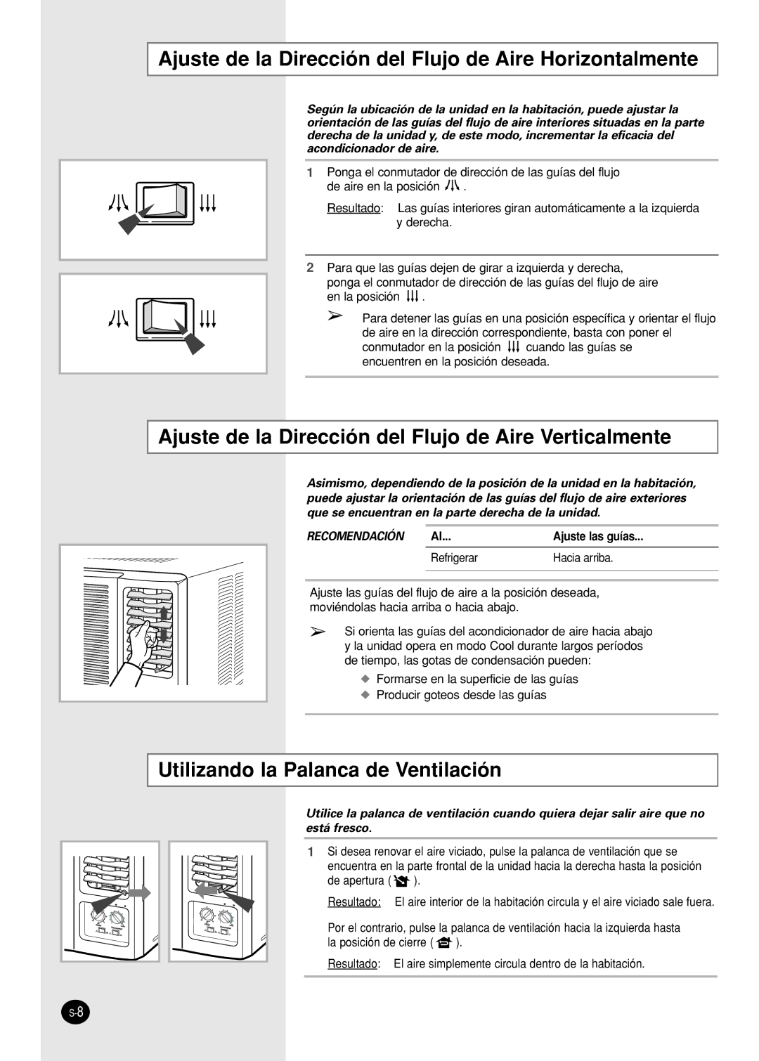 Samsung AW10A(G)2DBA/DA/EA Ajuste de la Dirección del Flujo de Aire Horizontalmente, Utilizando la Palanca de Ventilación 