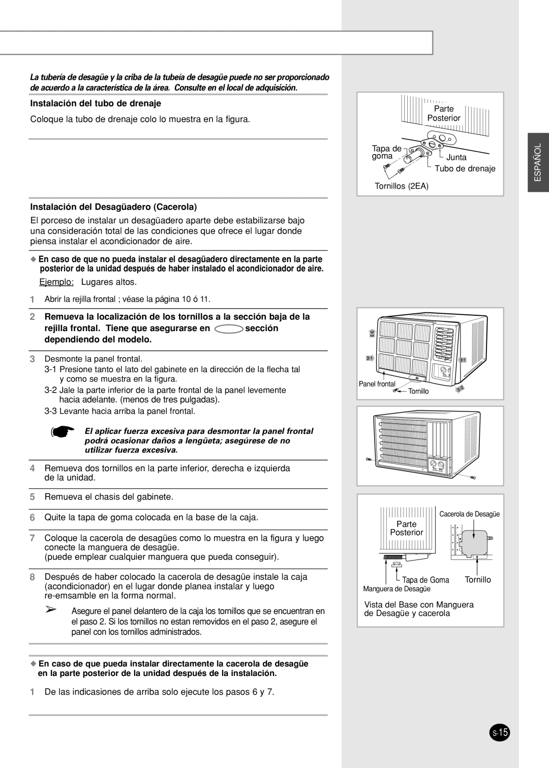 Samsung AW10F2DBA/DA/EA, AW07F2NBA/DE/EA Instalación del tubo de drenaje, Instalación del Desagüadero Cacerola, Español 
