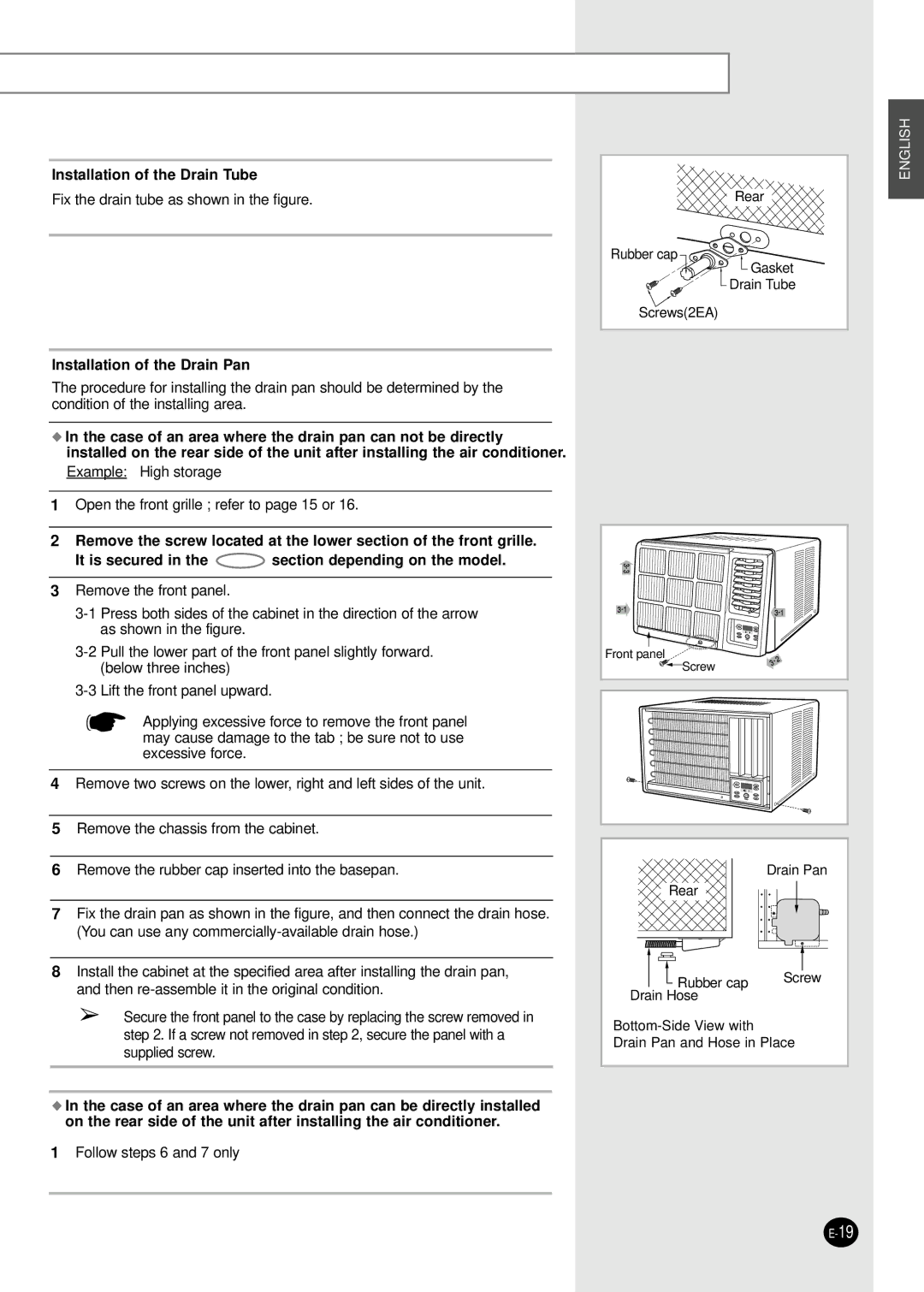 Samsung AW14FAMAA, AW07FASAA, AW10FAJAA, AW12FAJAA, AW12FAMAA Installation of the Drain Tube, Installation of the Drain Pan 