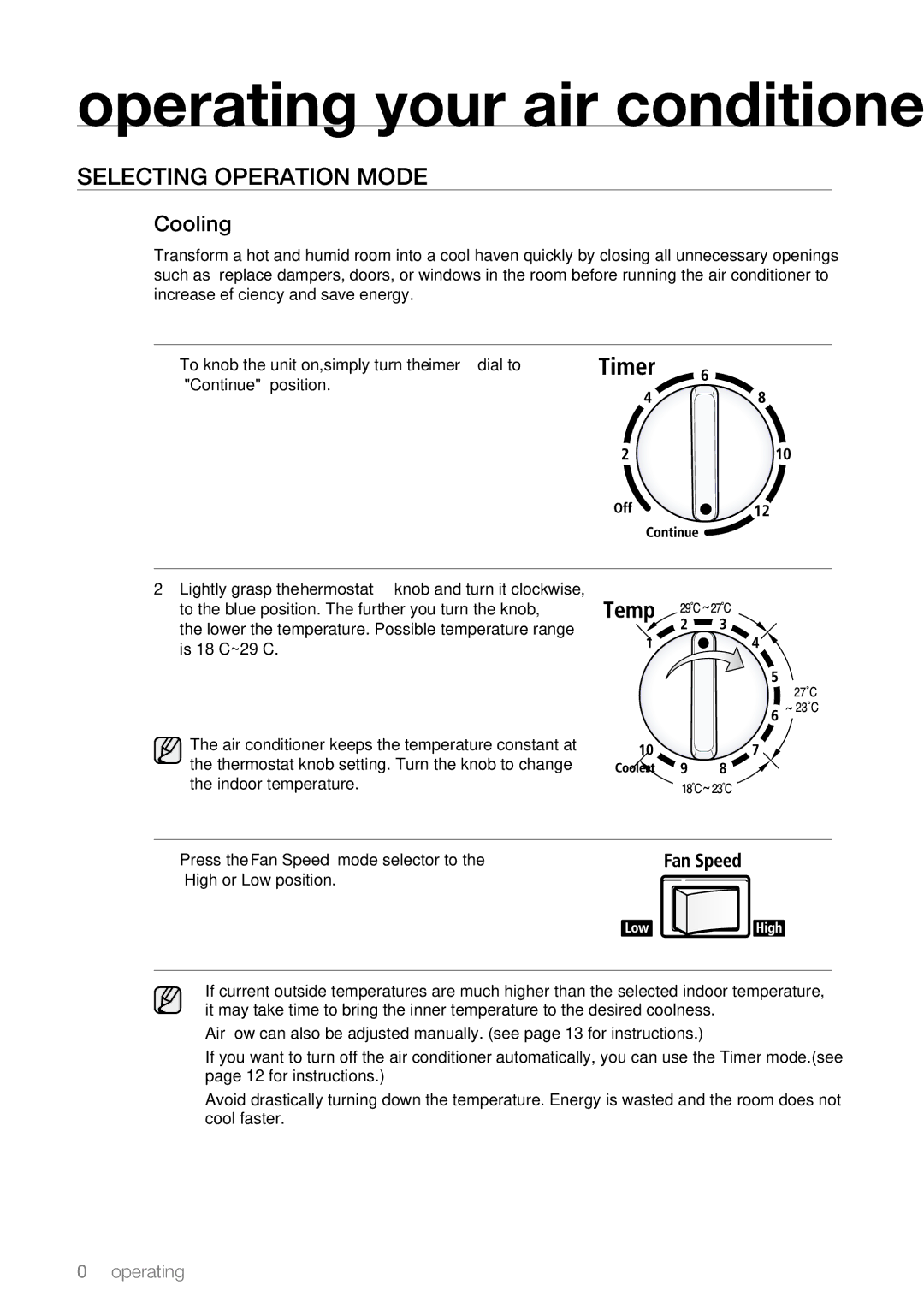 Samsung AW07L2, AW09L2 user manual Operating your air conditioner, Cooling 