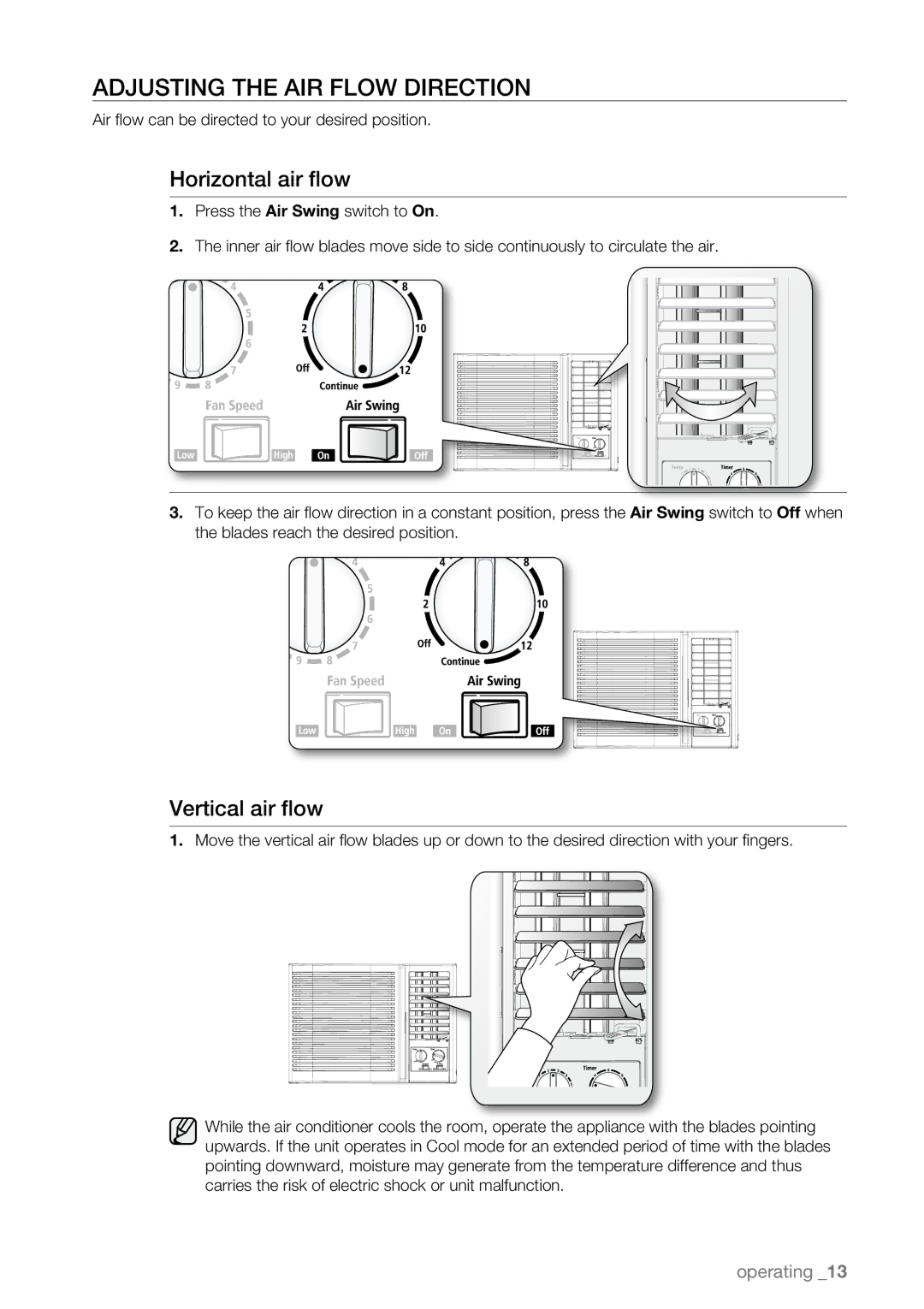 Samsung AW09L2, AW07L2 user manual Adjusting the AIR Flow Direction, Horizontal air flow, Vertical air flow 