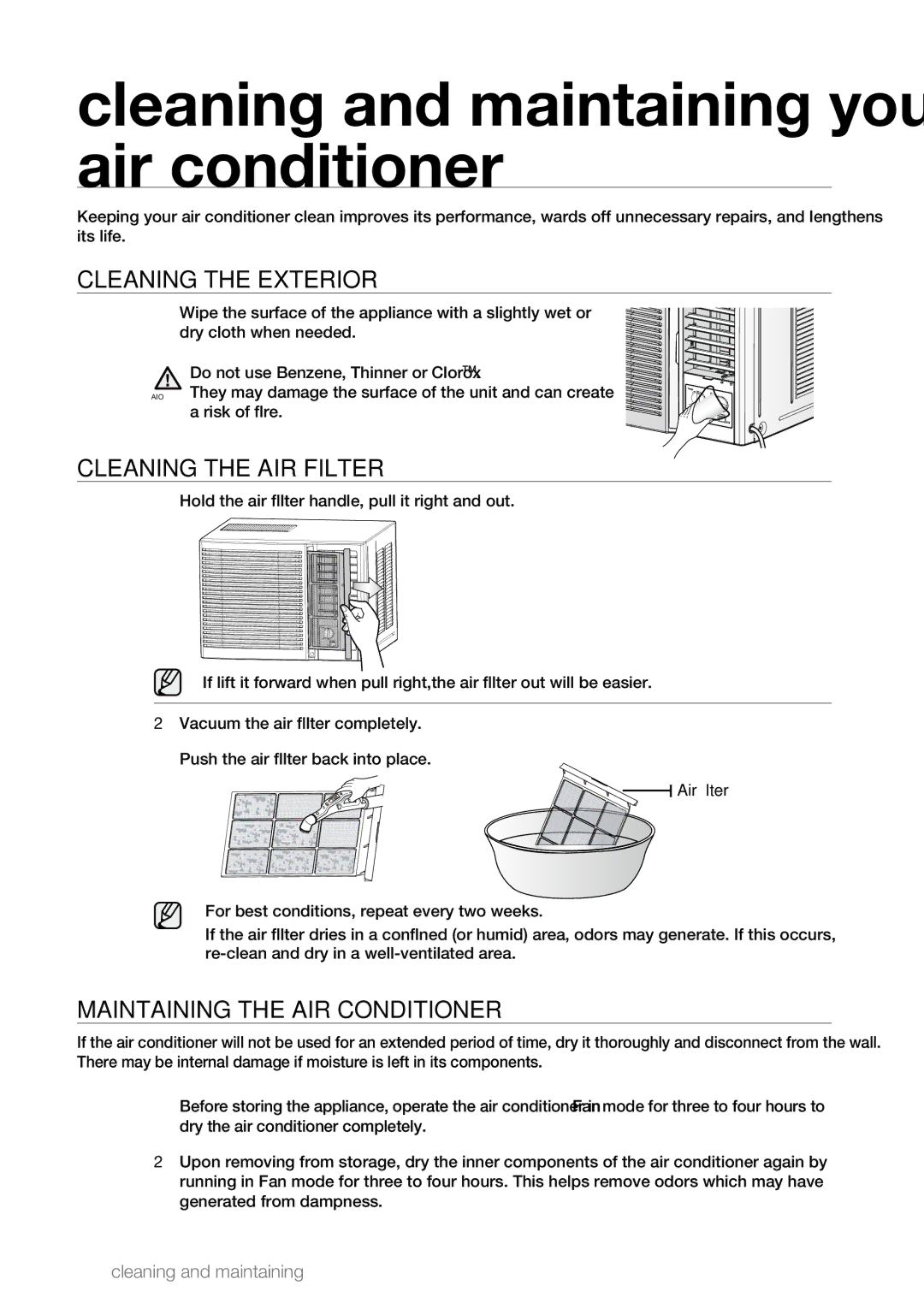 Samsung AW07L2, AW09L2 Cleaning and maintaining your air conditioner, Cleaning the Exterior, Cleaning the AIR Filter 