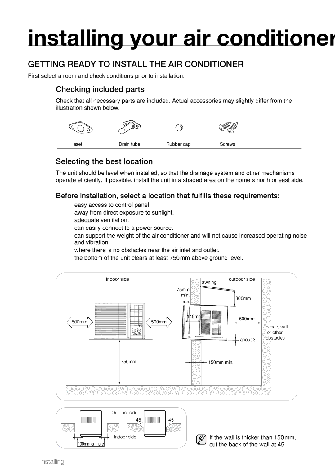 Samsung AW07L2 Installing your air conditioner, Getting Ready to Install the AIR Conditioner, Checking included parts 