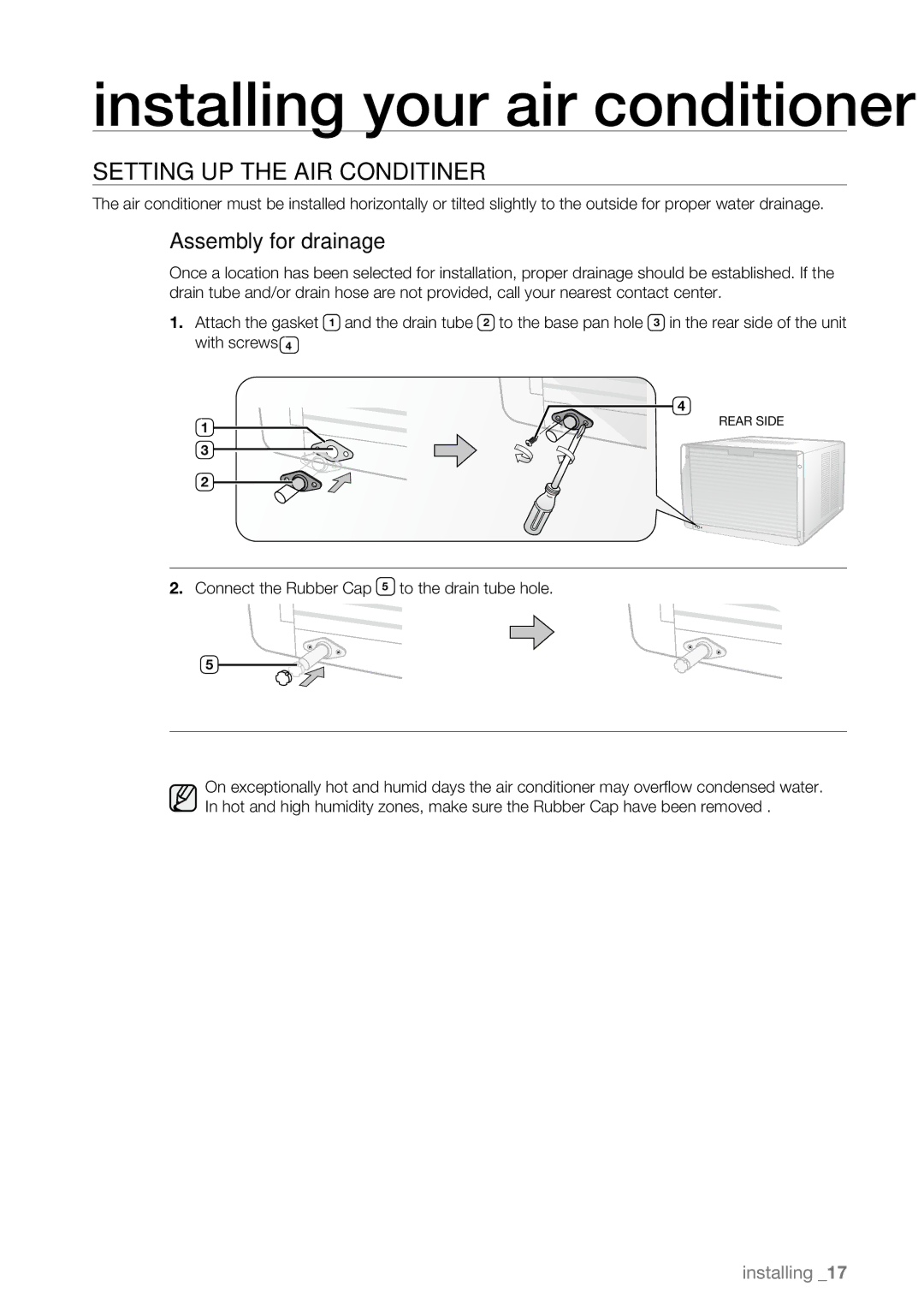 Samsung AW09L2, AW07L2 user manual Setting UP the AIR Conditiner, Assembly for drainage 