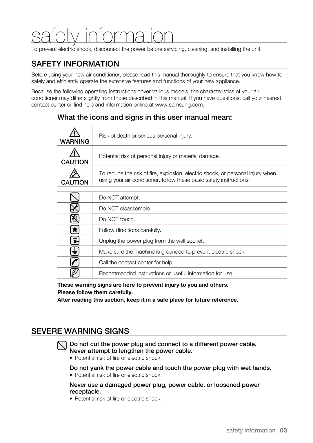 Samsung AW09L2, AW07L2 user manual Safety information, Safety Information, Severe Warning Signs 