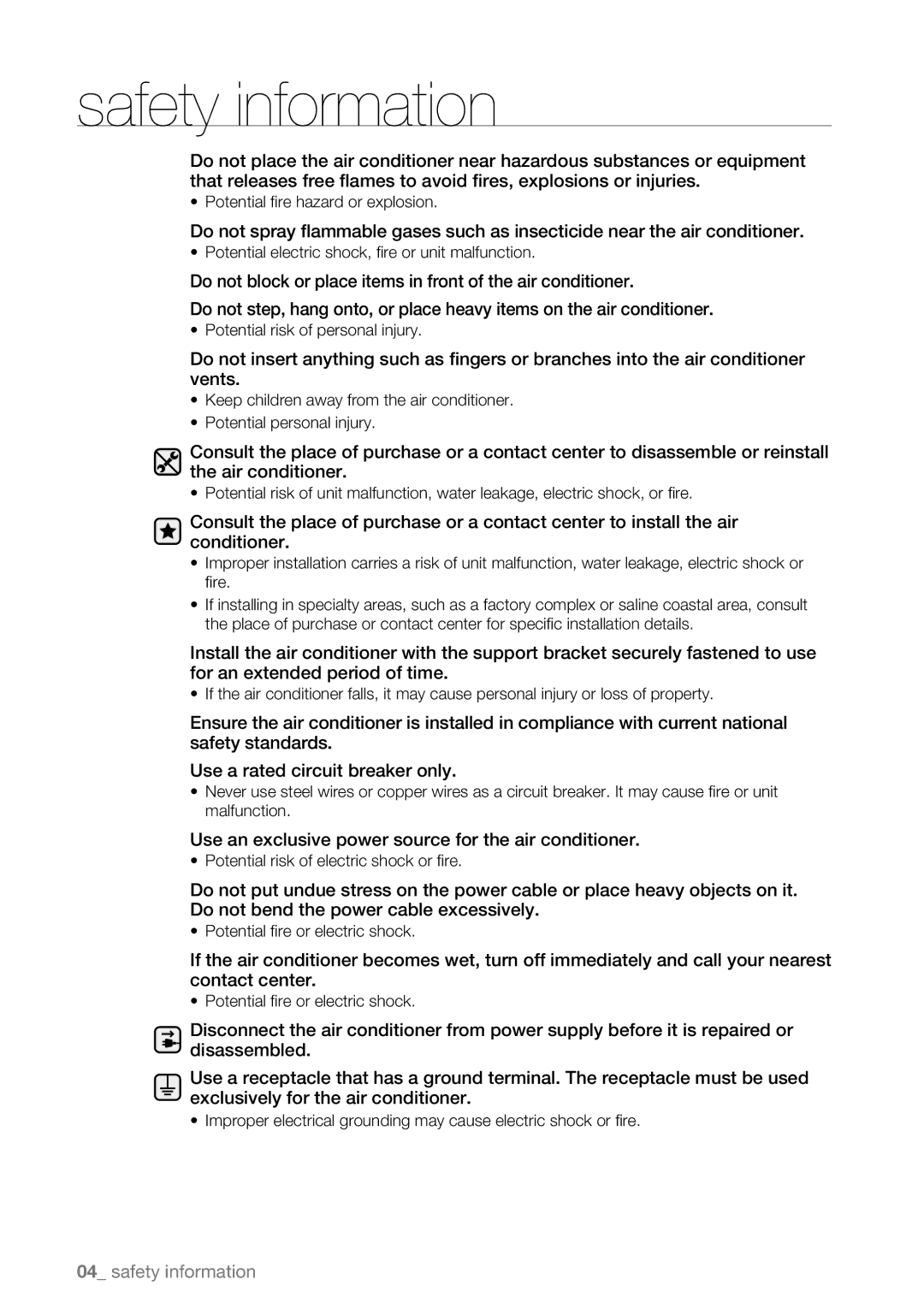 Samsung AW07L2, AW09L2 user manual Use an exclusive power source for the air conditioner 