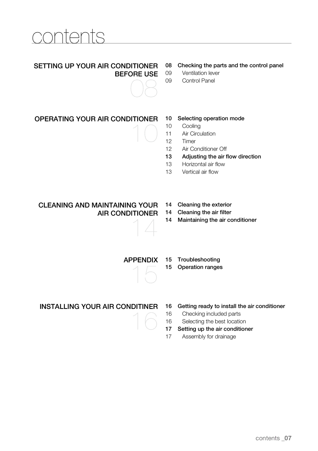 Samsung AW09L2, AW07L2 user manual Contents 