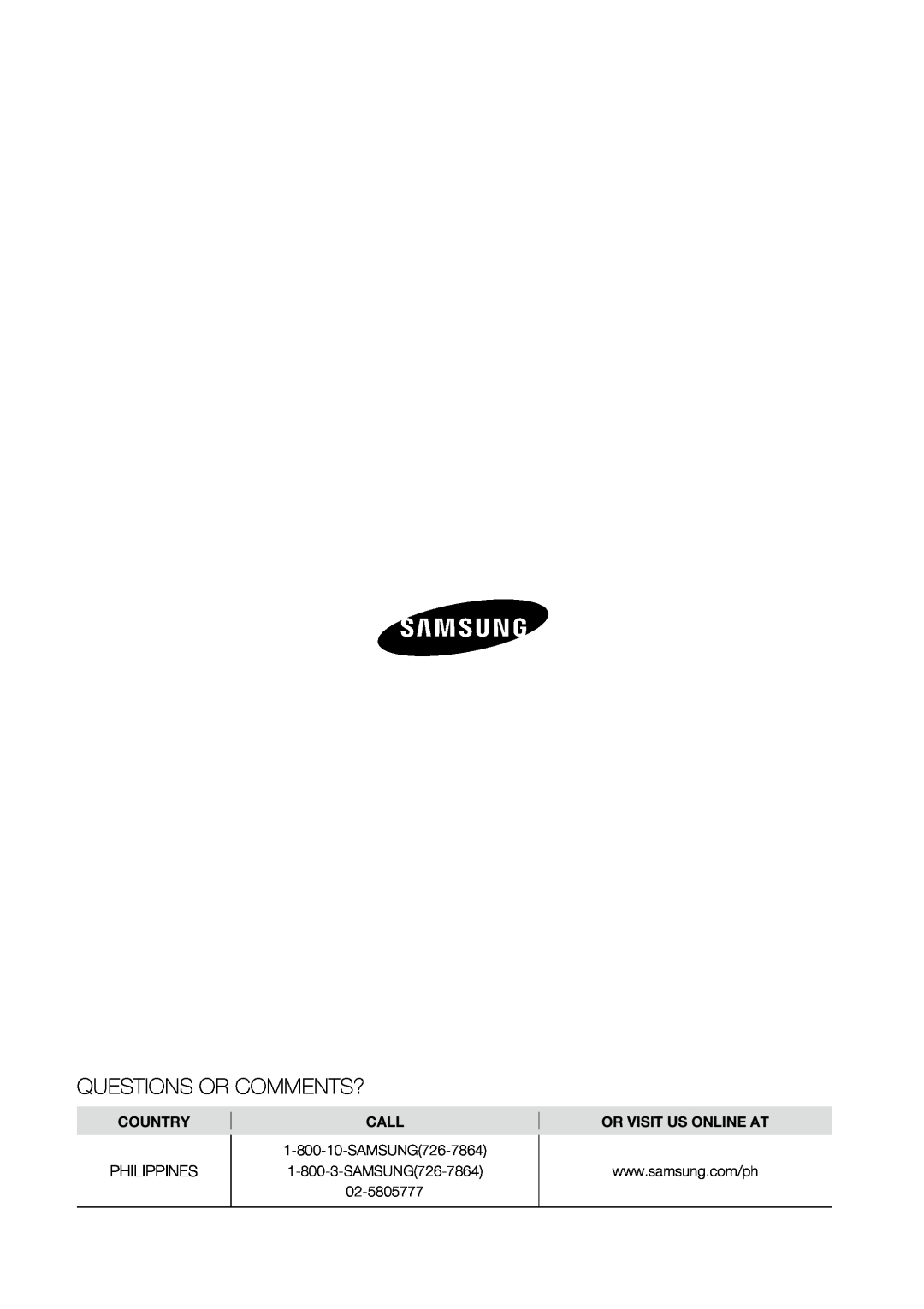 Samsung AW07L2, AW09L2 user manual Questions Or Comments?, Country, Call, Or Visit Us Online At 