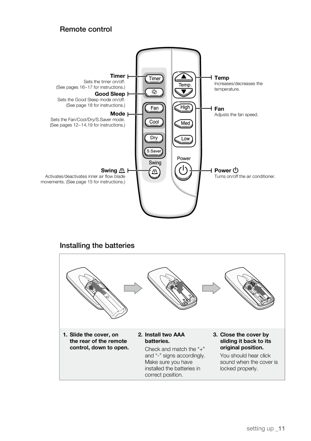 Samsung AW09LH Series, AW07LH Series user manual Remote control, Installing the batteries 