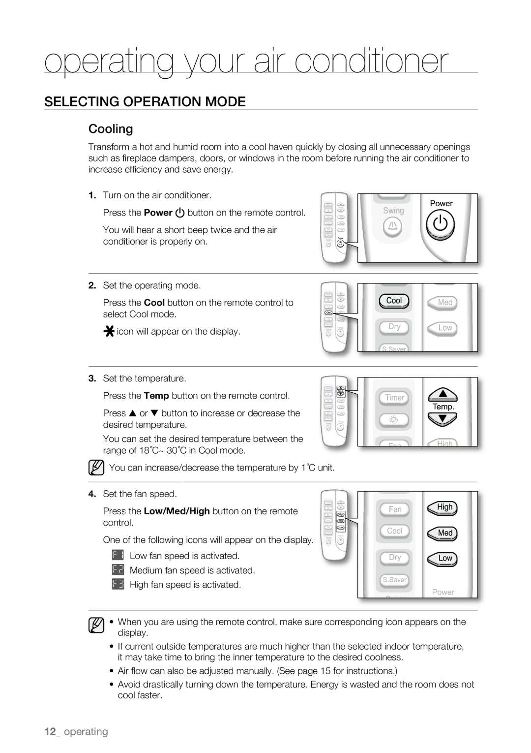 Samsung AW07LH Series, AW09LH Series user manual Operating your air conditioner, Cooling 