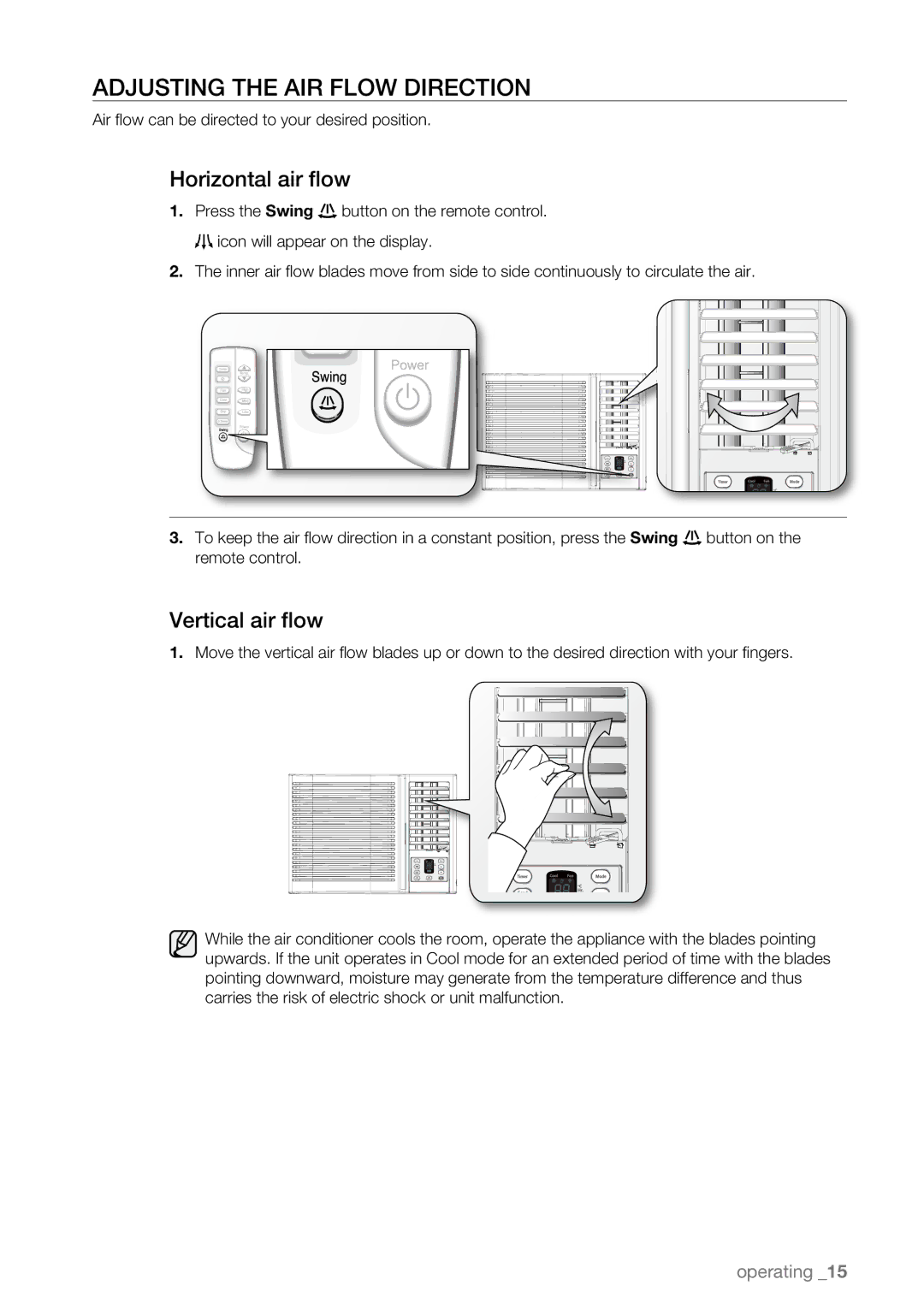 Samsung AW09LH Series, AW07LH Series user manual Adjusting the AIR Flow Direction, Horizontal air flow, Vertical air flow 