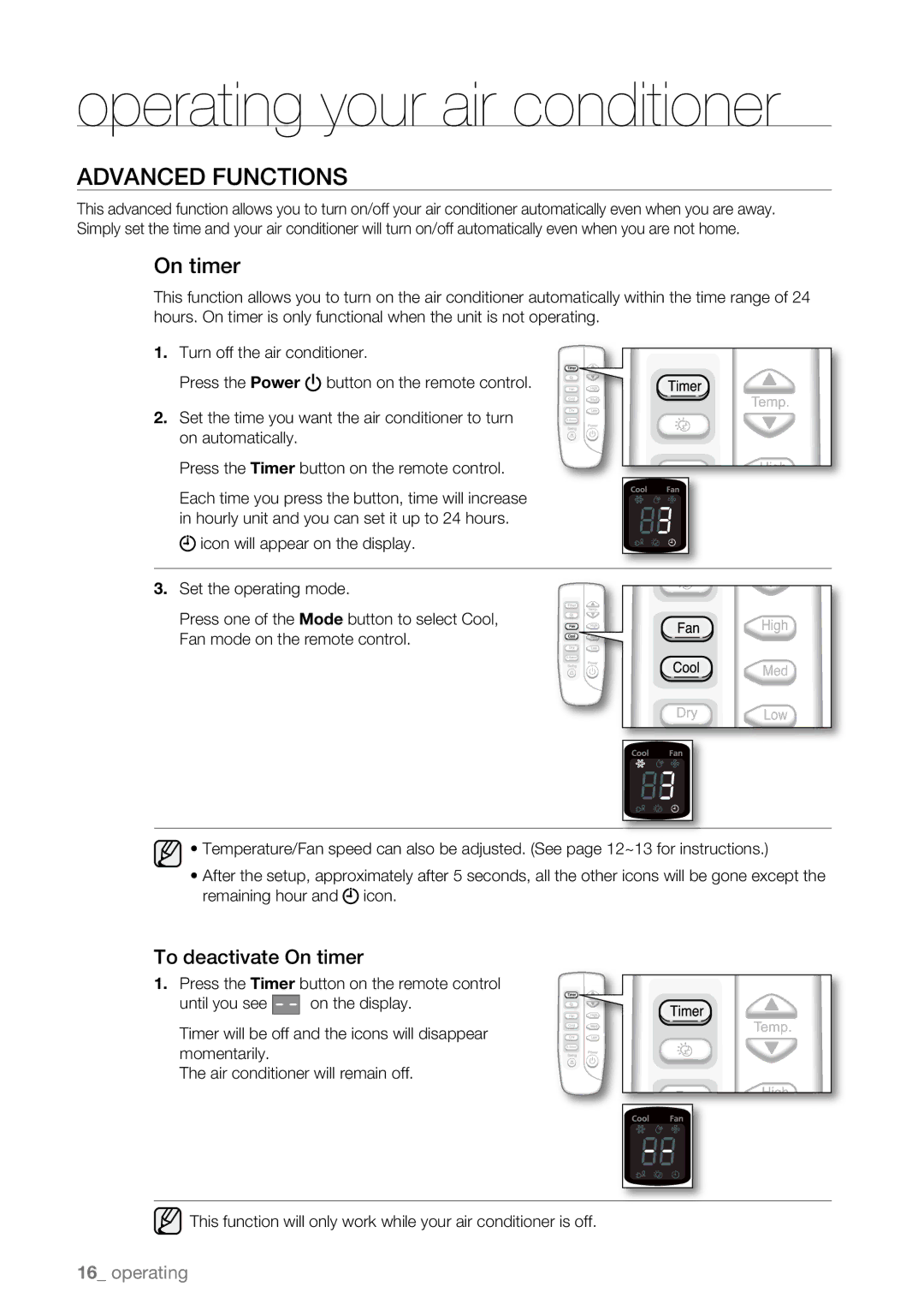 Samsung AW07LH Series, AW09LH Series user manual Advanced Functions, To deactivate On timer 