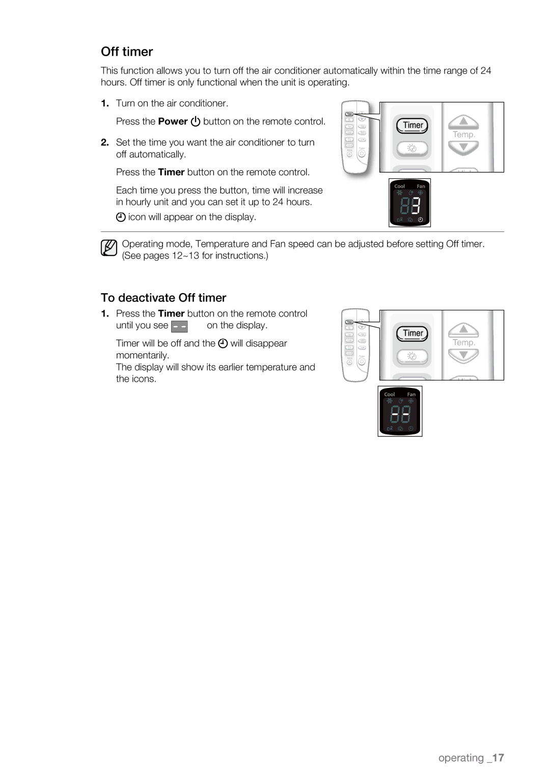 Samsung AW09LH Series, AW07LH Series user manual To deactivate Off timer 