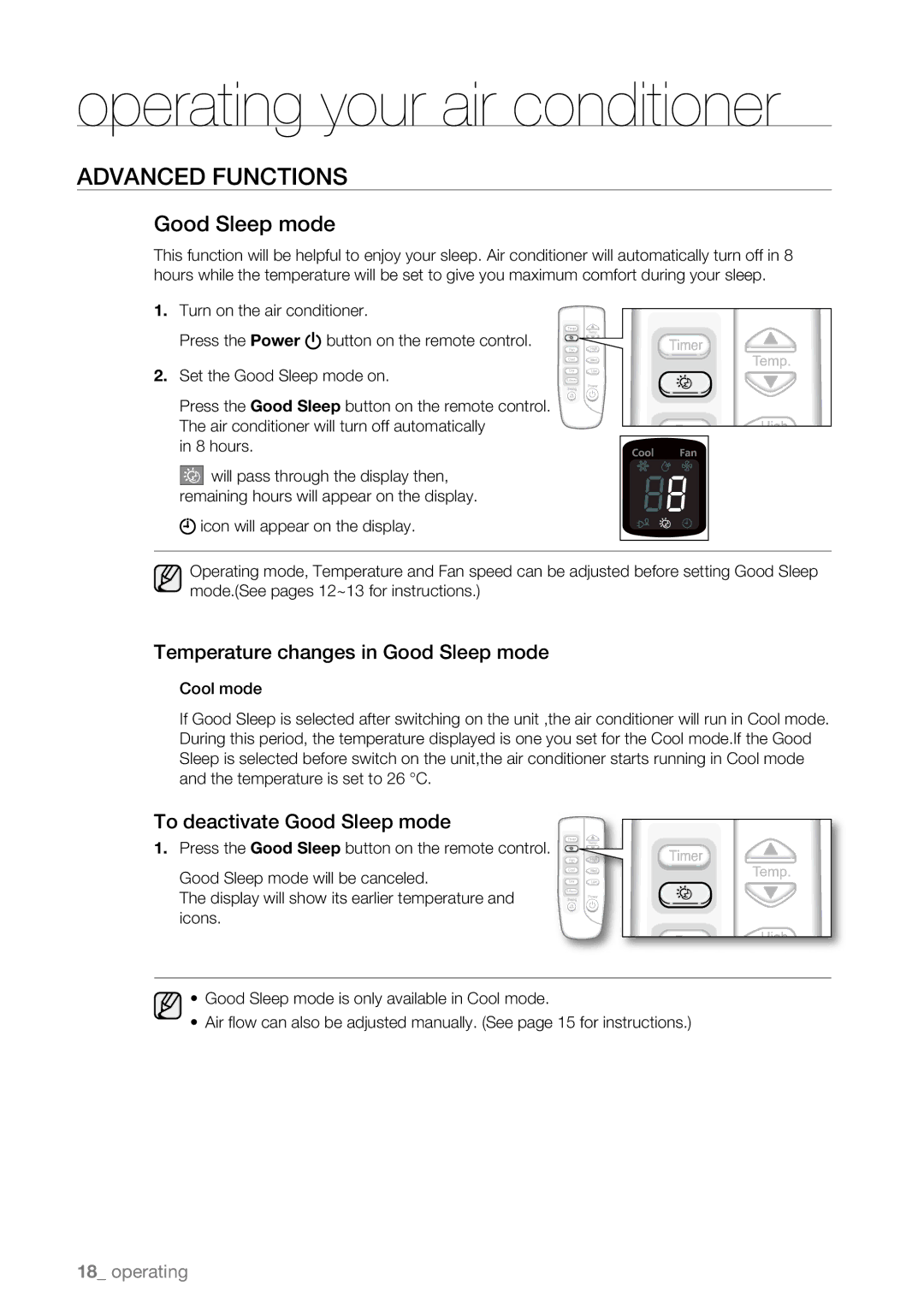 Samsung AW07LH Series, AW09LH Series user manual Temperature changes in Good Sleep mode, To deactivate Good Sleep mode 