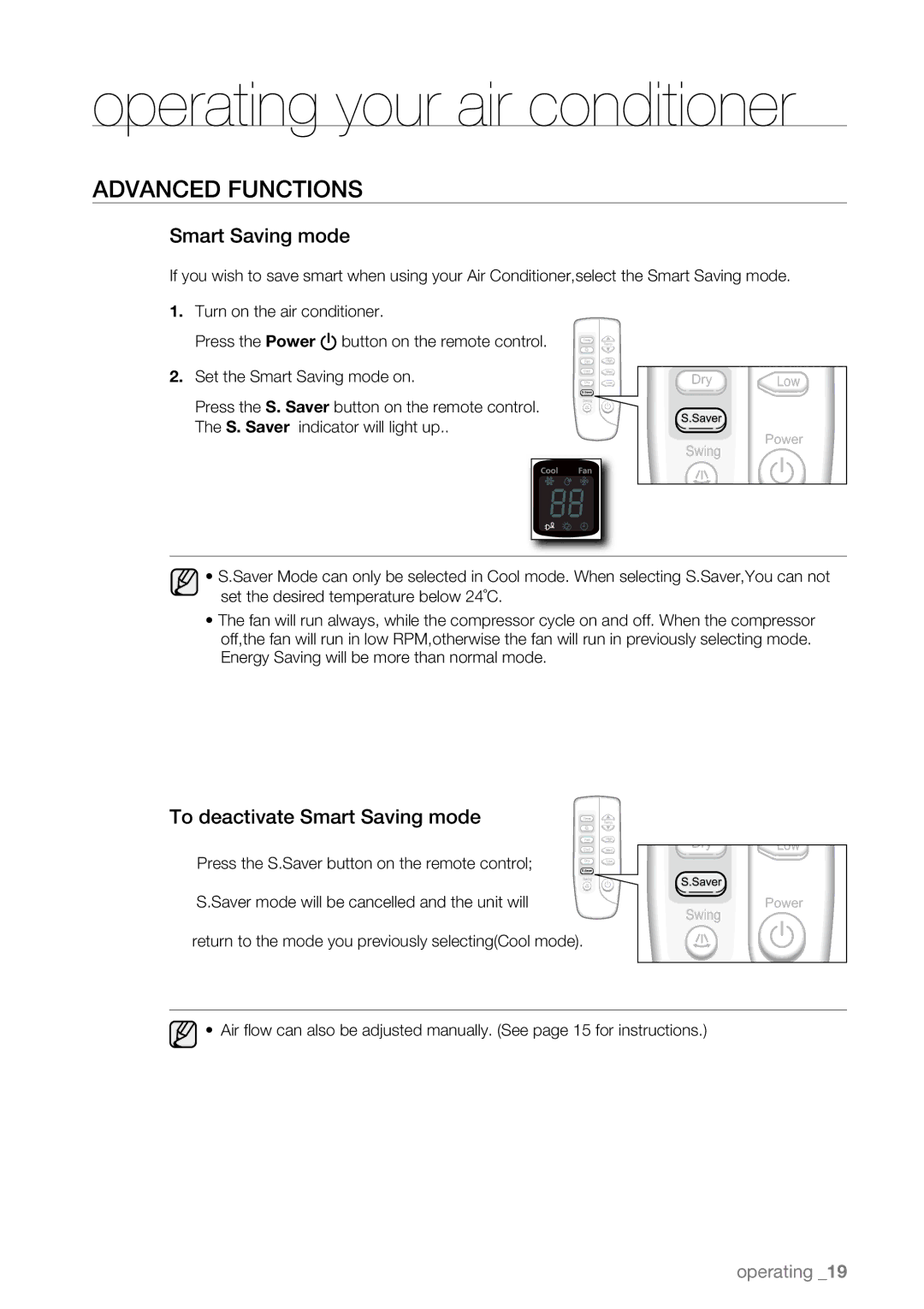 Samsung AW09LH Series, AW07LH Series user manual To deactivate Smart Saving mode 