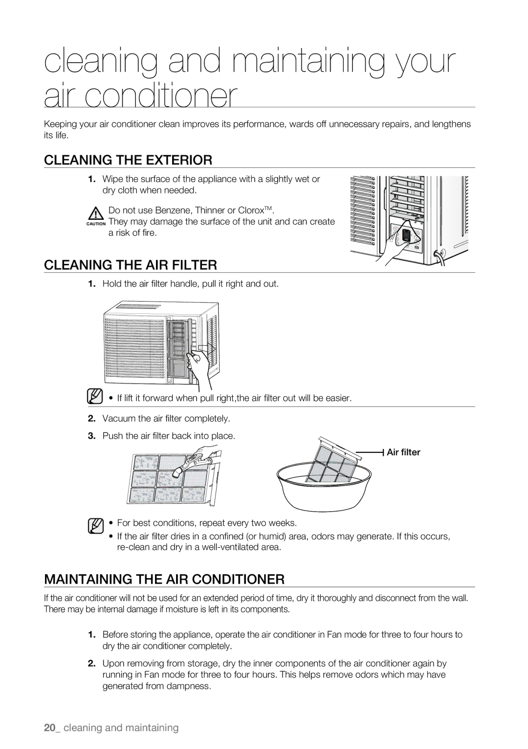 Samsung AW07LH Series Cleaning and maintaining your air conditioner, Cleaning the Exterior, Cleaning the AIR Filter 