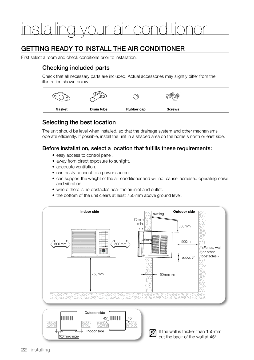 Samsung AW07LH Series, AW09LH Series Installing your air conditioner, Getting Ready to Install the AIR Conditioner 