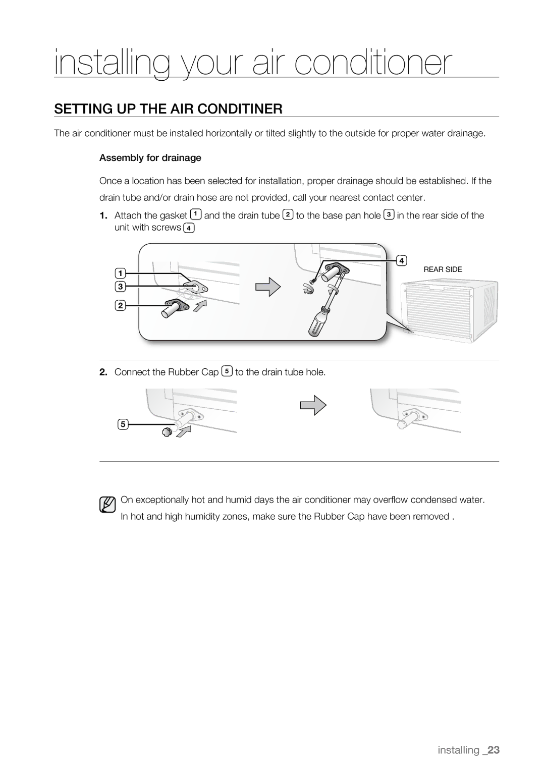 Samsung AW09LH Series, AW07LH Series Setting UP the AIR Conditiner, Connect the Rubber Cap 5 to the drain tube hole 