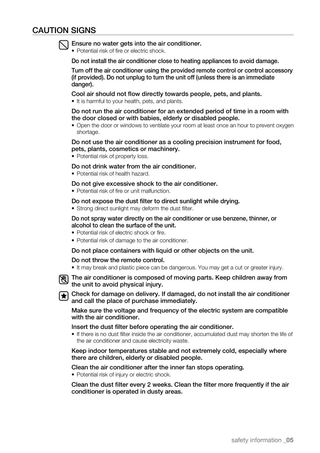 Samsung AW09LH Series, AW07LH Series user manual Ensure no water gets into the air conditioner 