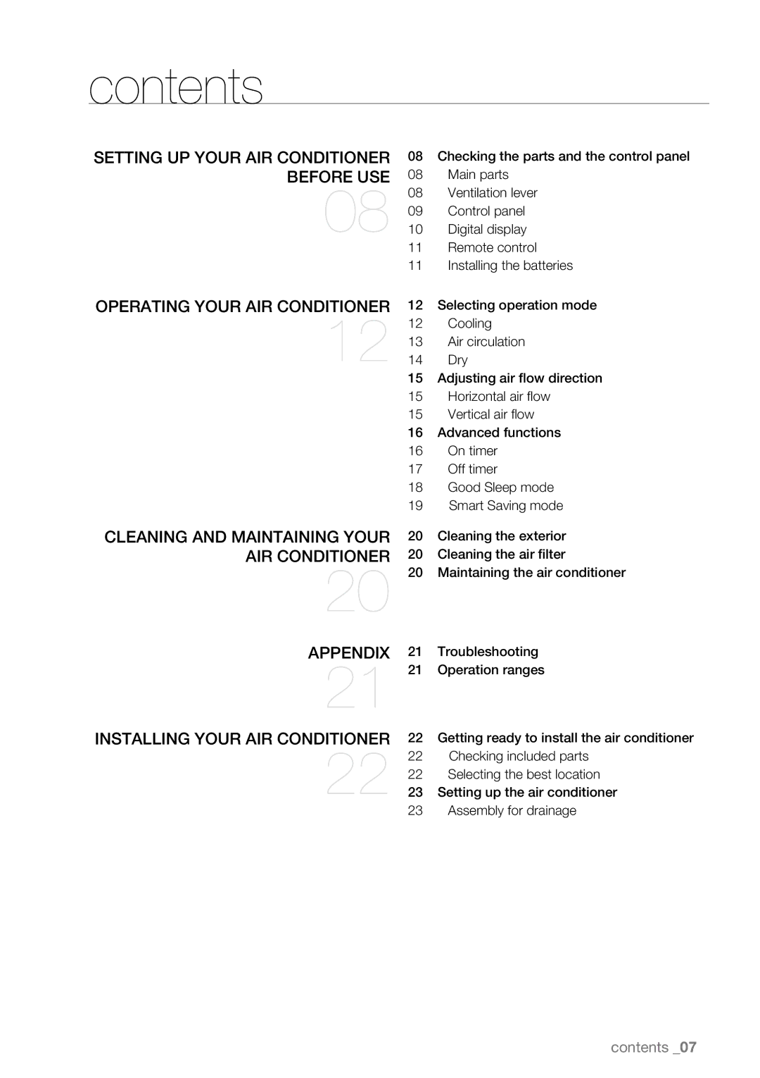 Samsung AW09LH Series, AW07LH Series user manual Contents 