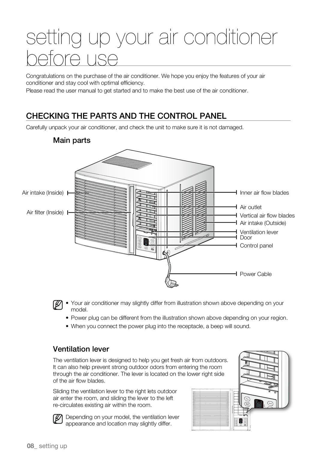 Samsung AW07LH Series Setting up your air conditioner before use, Checking the Parts and the Control Panel, Main parts 