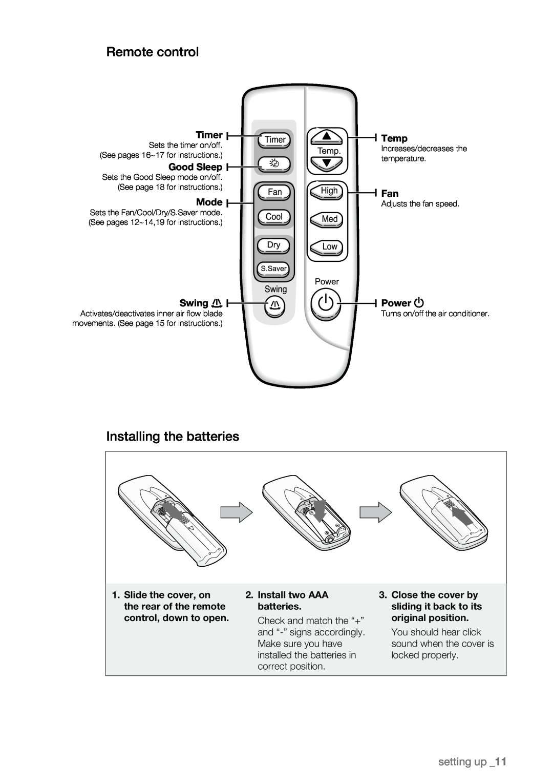 Samsung AW09LH Series, AW07LH Series user manual Remote control, Installing the batteries, setting up _11 