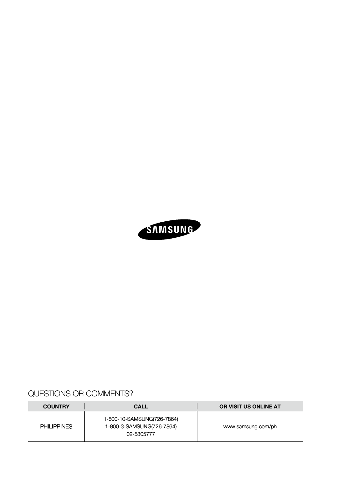 Samsung AW07LH Series, AW09LH Series user manual Questions Or Comments?, Country, Call, Or Visit Us Online At 