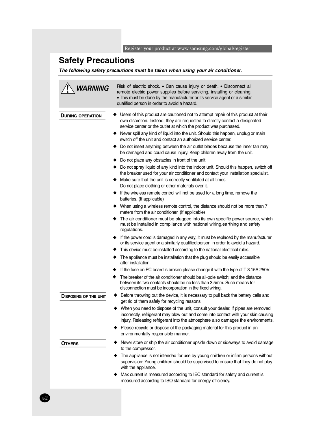 Samsung AW12P1HDA, AW07P1HBA, AW12P1HEA, AW12P1HAA, AW09P1HAA, AW12P1HBA, AW18P1HBA, AW18P1HEA, AWT18P1HEA/EB Safety Precautions 