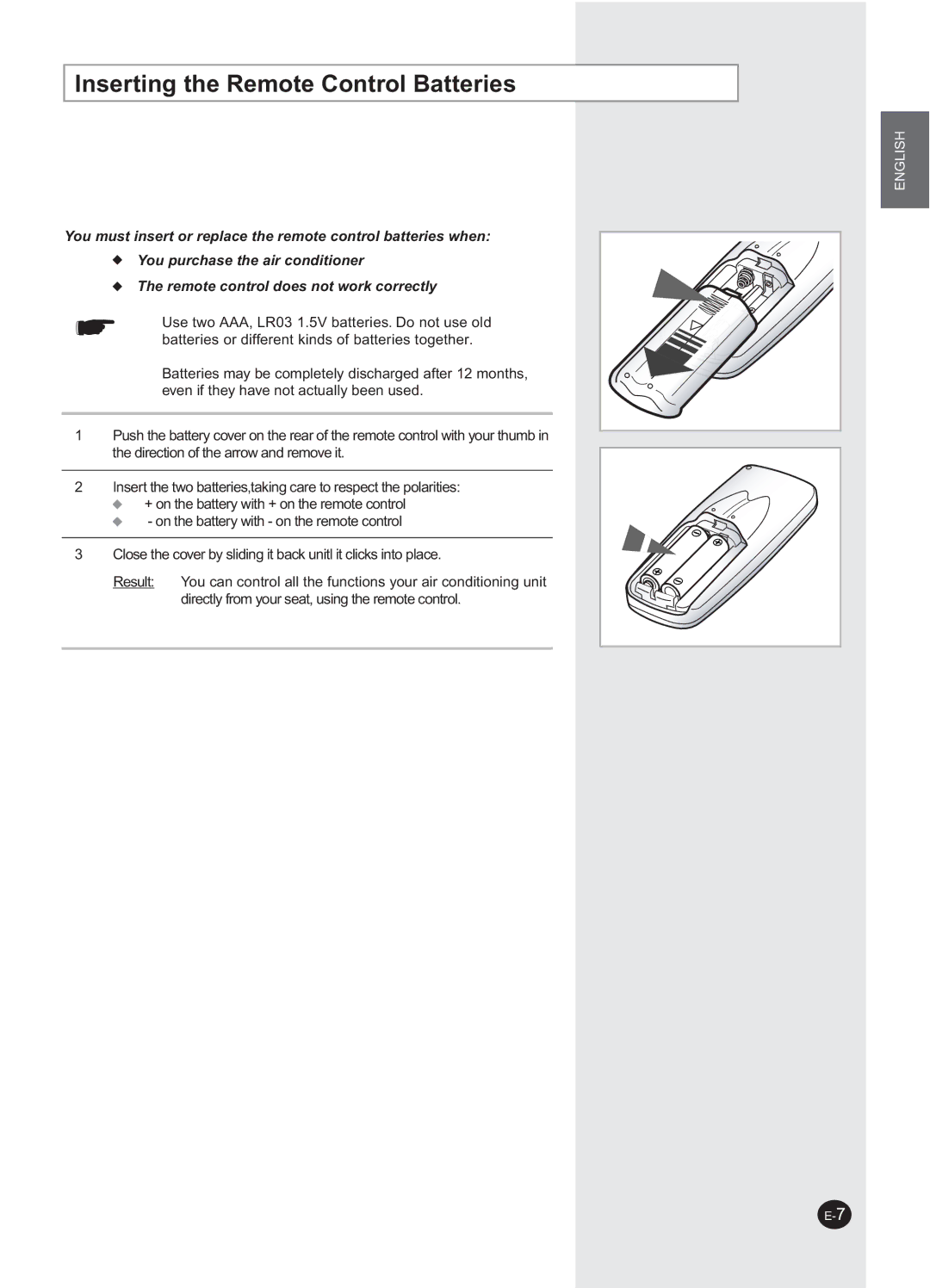 Samsung AW07PHHBA/BB manuel dutilisation Inserting the Remote Control Batteries 