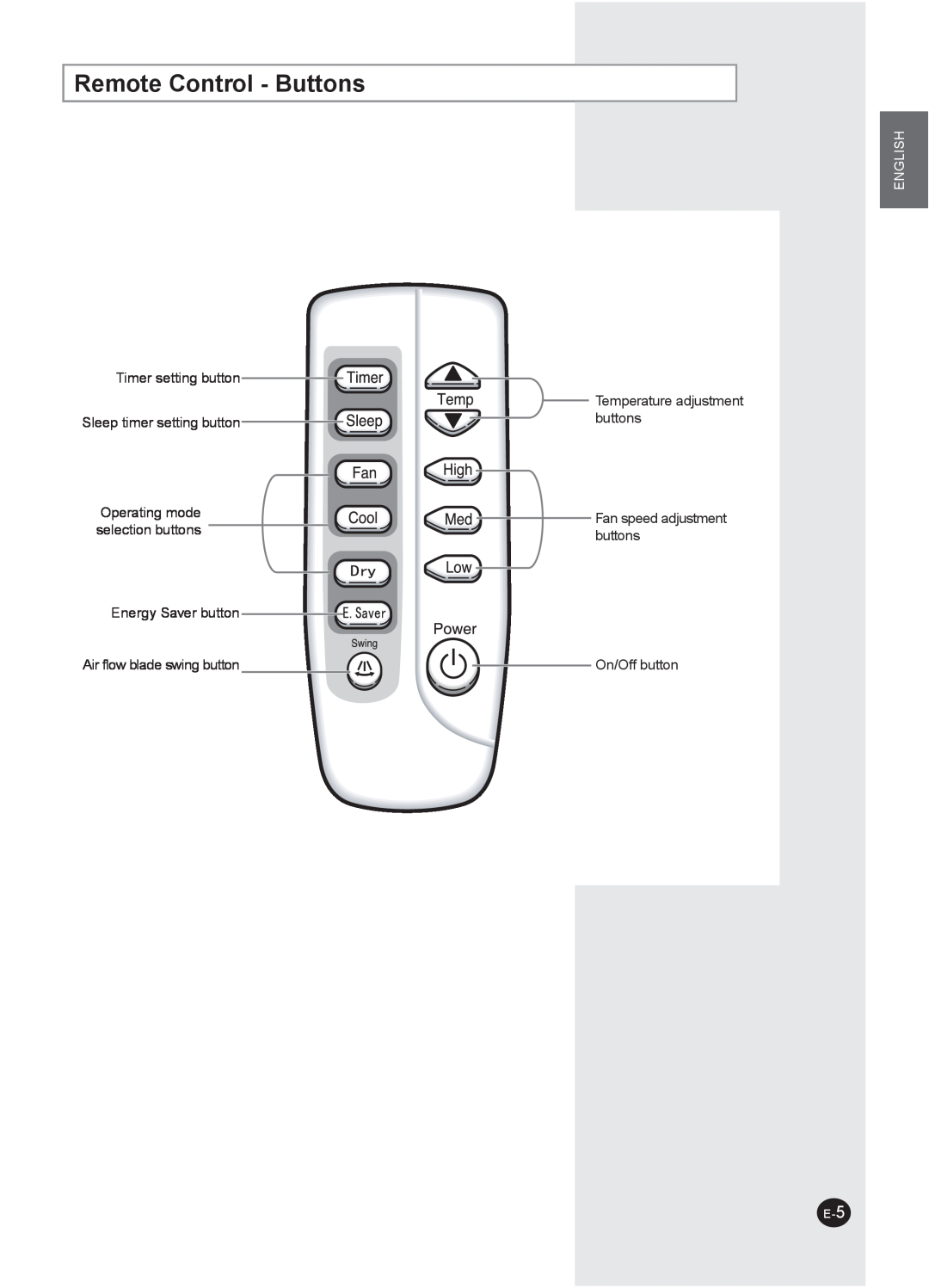 Samsung AW07PHHBA/BB manuel dutilisation Remote Control - Buttons, Timer setting button Sleep timer setting button, English 