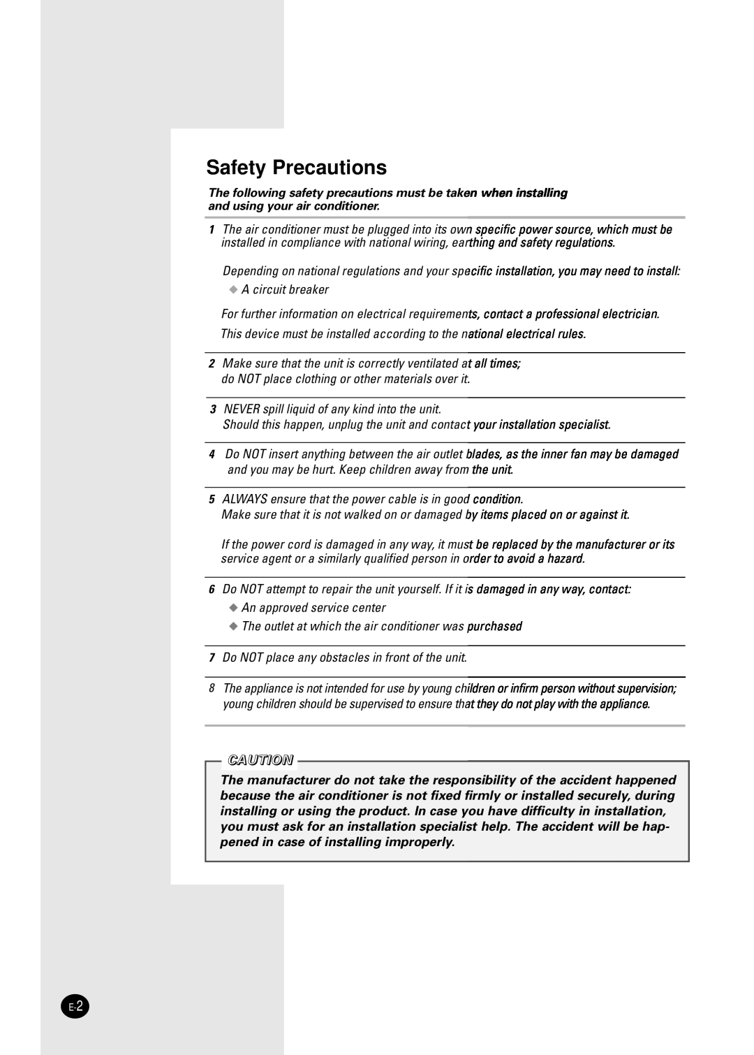 Samsung AW09A8SB manuel dutilisation Safety Precautions 