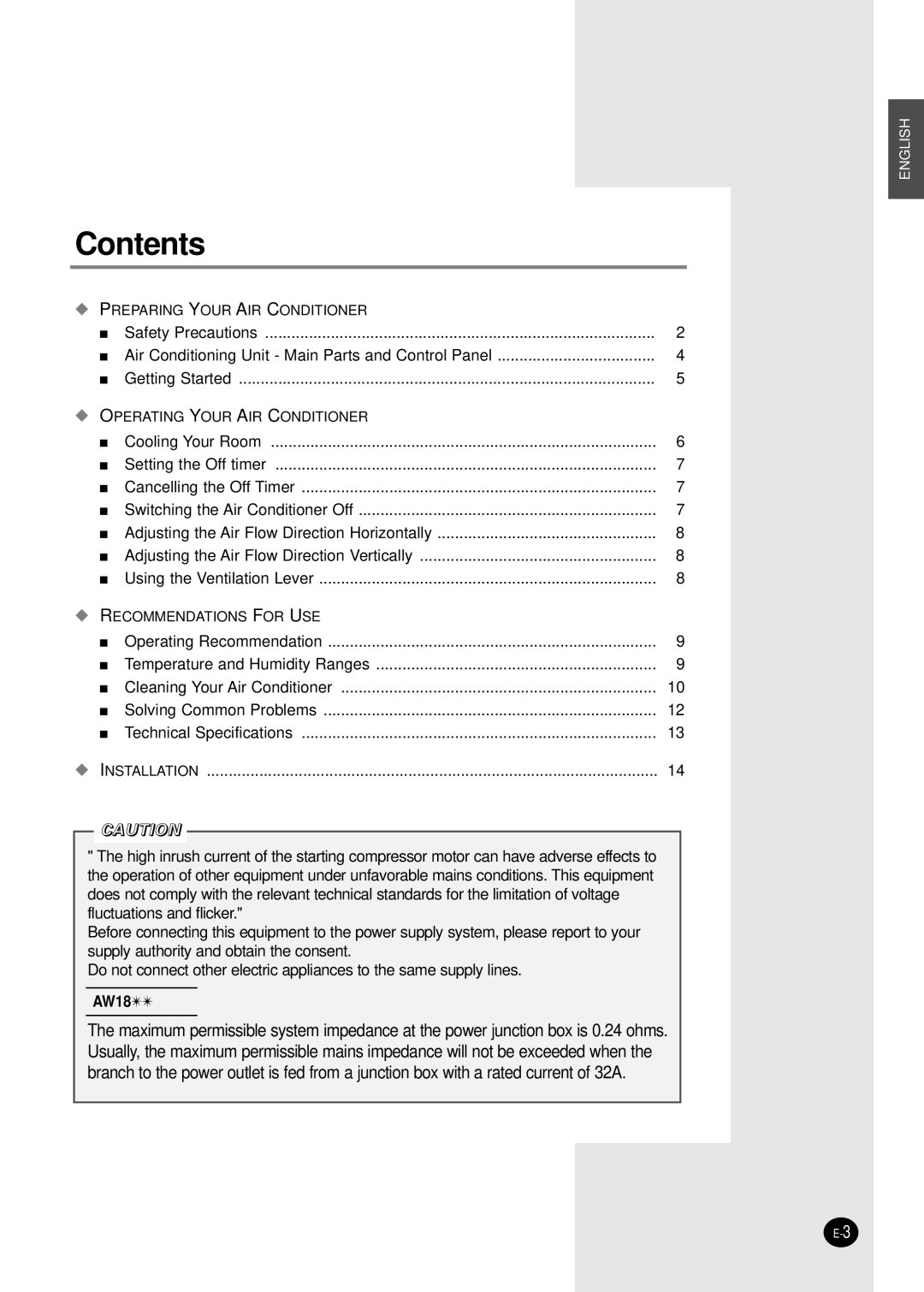 Samsung AW09A8SB manuel dutilisation Contents, AW18 