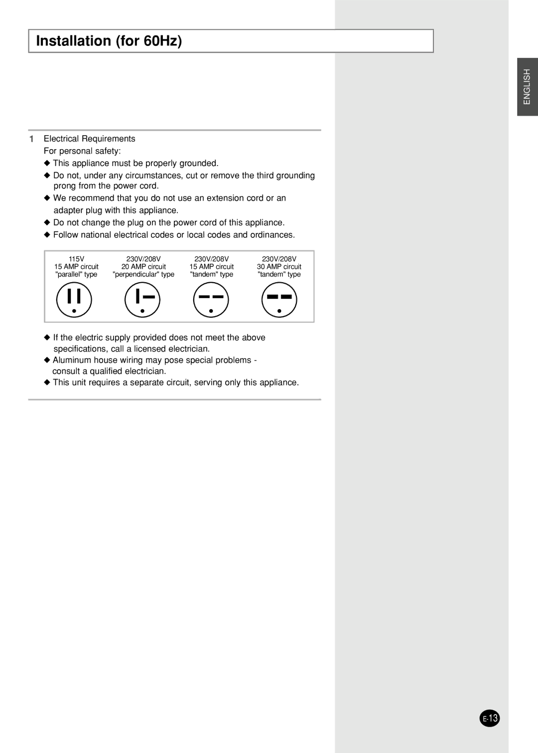 Samsung AW09F1NEA7/FMC manual Installation for 60Hz 