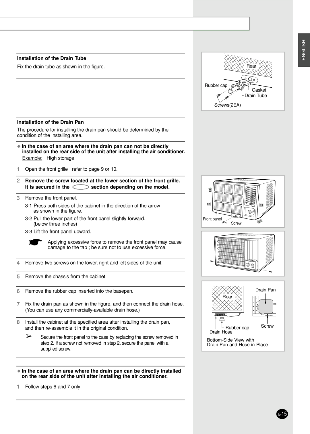 Samsung AW09F1NEA7/FMC manual Installation of the Drain Tube, Installation of the Drain Pan 