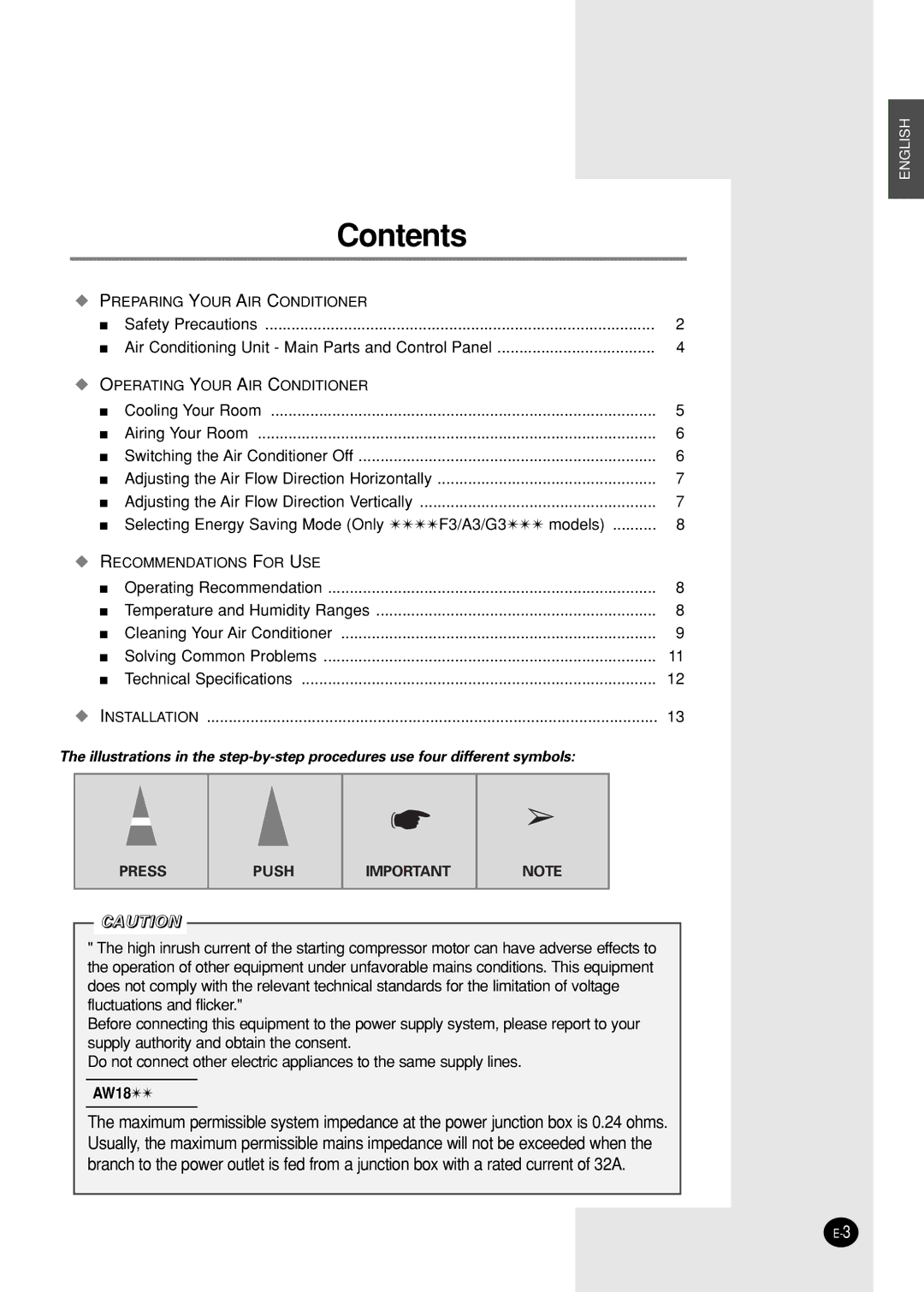 Samsung AW09F1NEA7/FMC manual Contents 