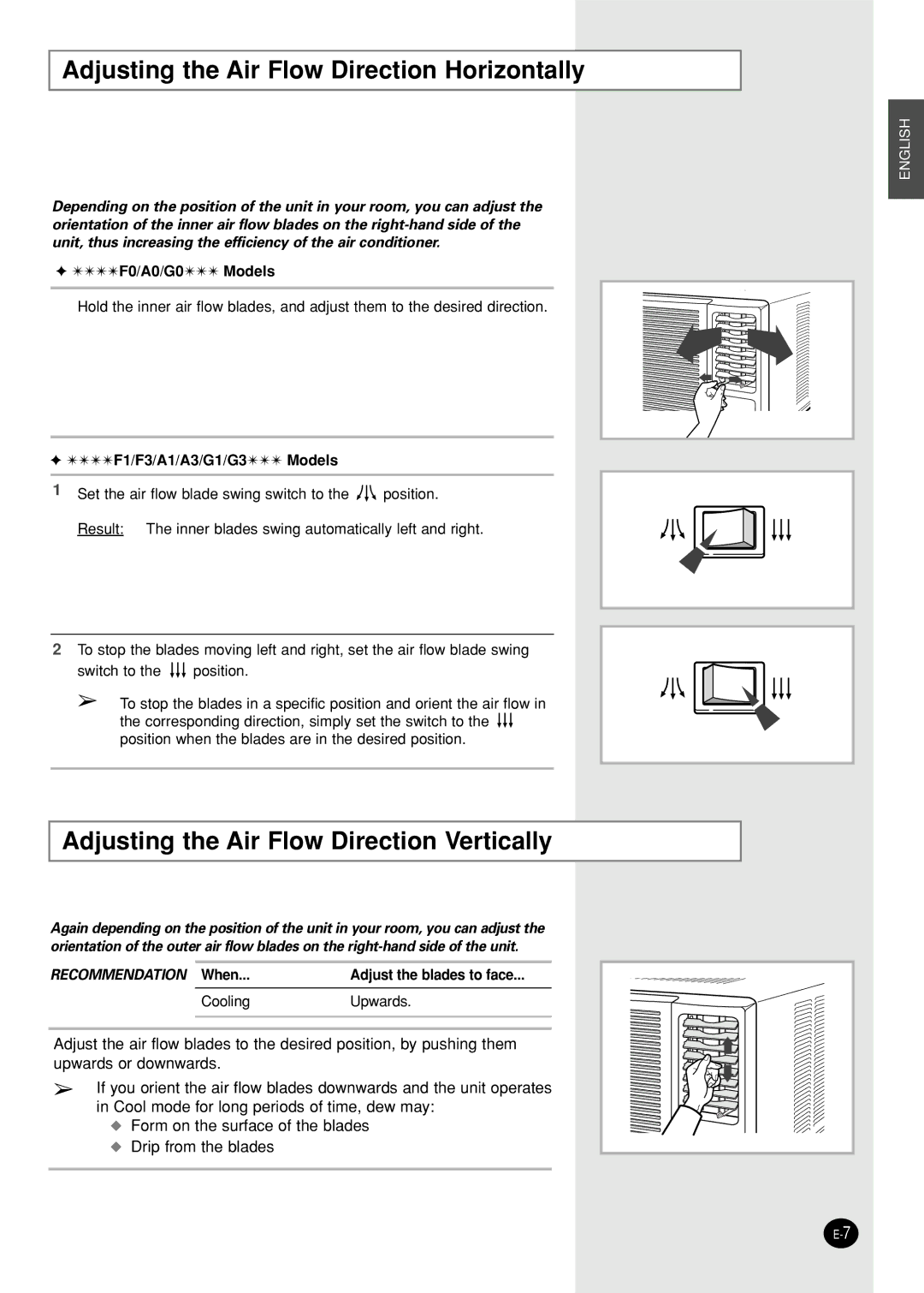 Samsung AW09F1NEA7/FMC manual Adjusting the Air Flow Direction Horizontally, Adjusting the Air Flow Direction Vertically 