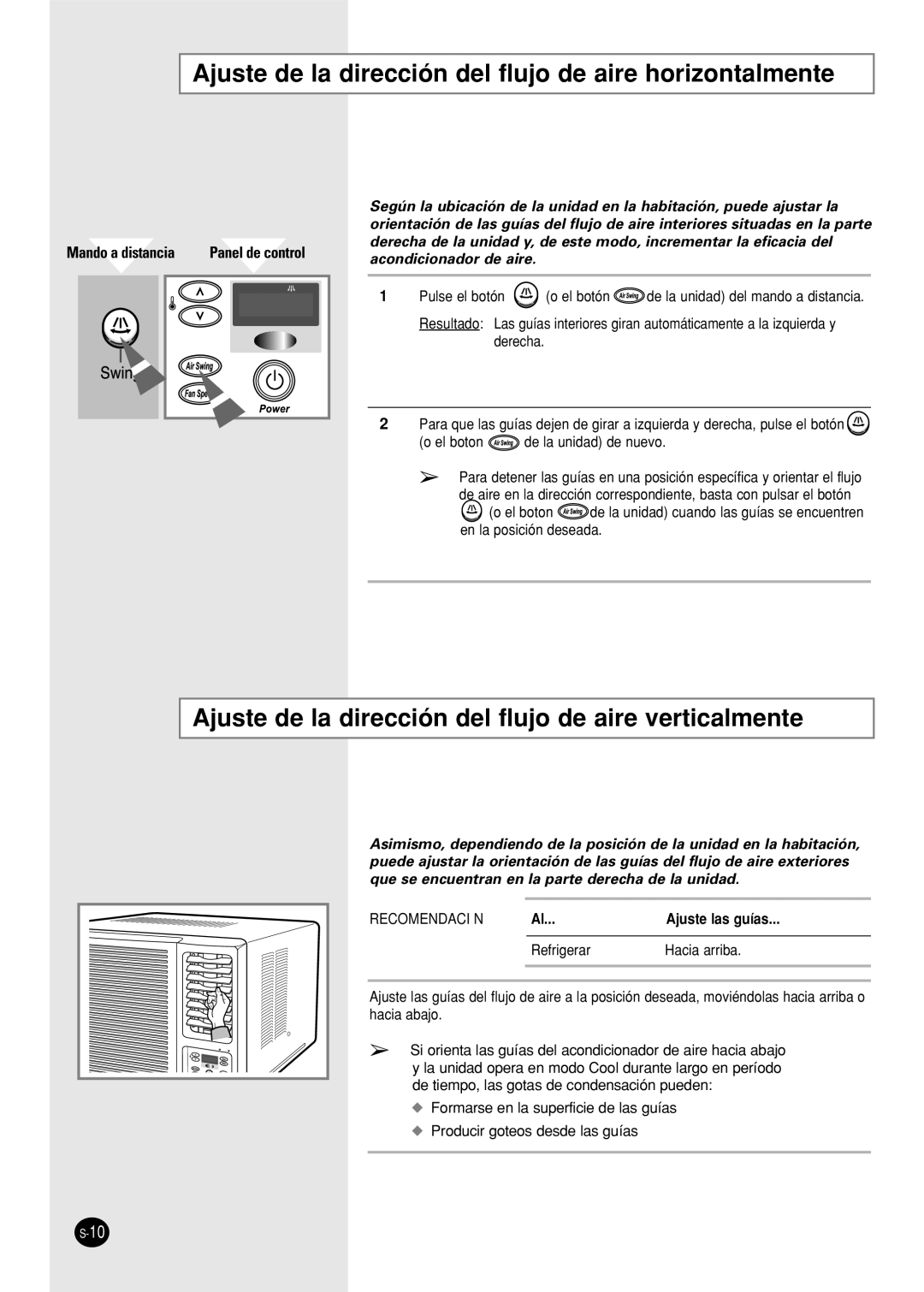 Samsung AW22FBMBA/BB/EA/EB, AW09FBNAA/BA/CA/DA/EA/EB, AW06FBNAA Ajuste de la dirección del flujo de aire horizontalmente 