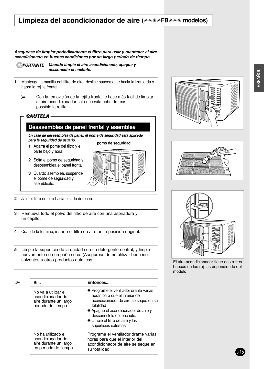 Samsung AW09FBNAA/BA/CA/DA/EA/EB Limpieza del acondicionador de aire FB modelos, Pomo de seguridad, Si...Entonces 