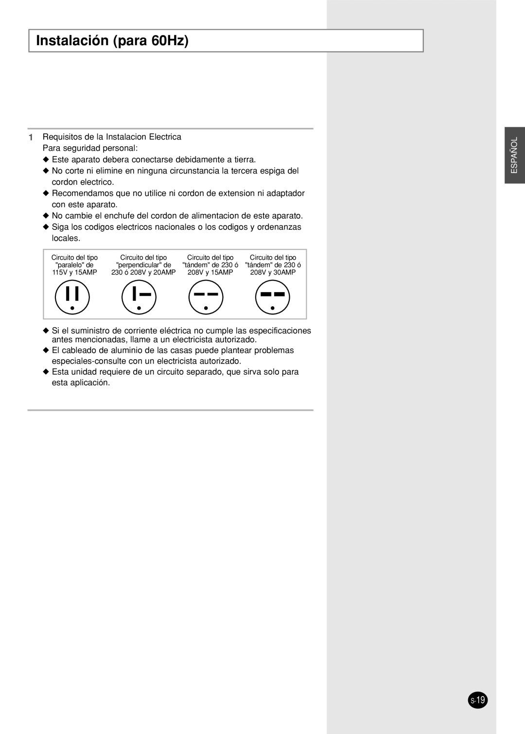 Samsung AW18FBMCA/CB/CC, AW09FBNAA/BA/CA/DA/EA/EB, AW10FBDAA/BA/CA, AW06FBNAA, AW07FBNAA/AB/BA/DA/EA Instalación para 60Hz 