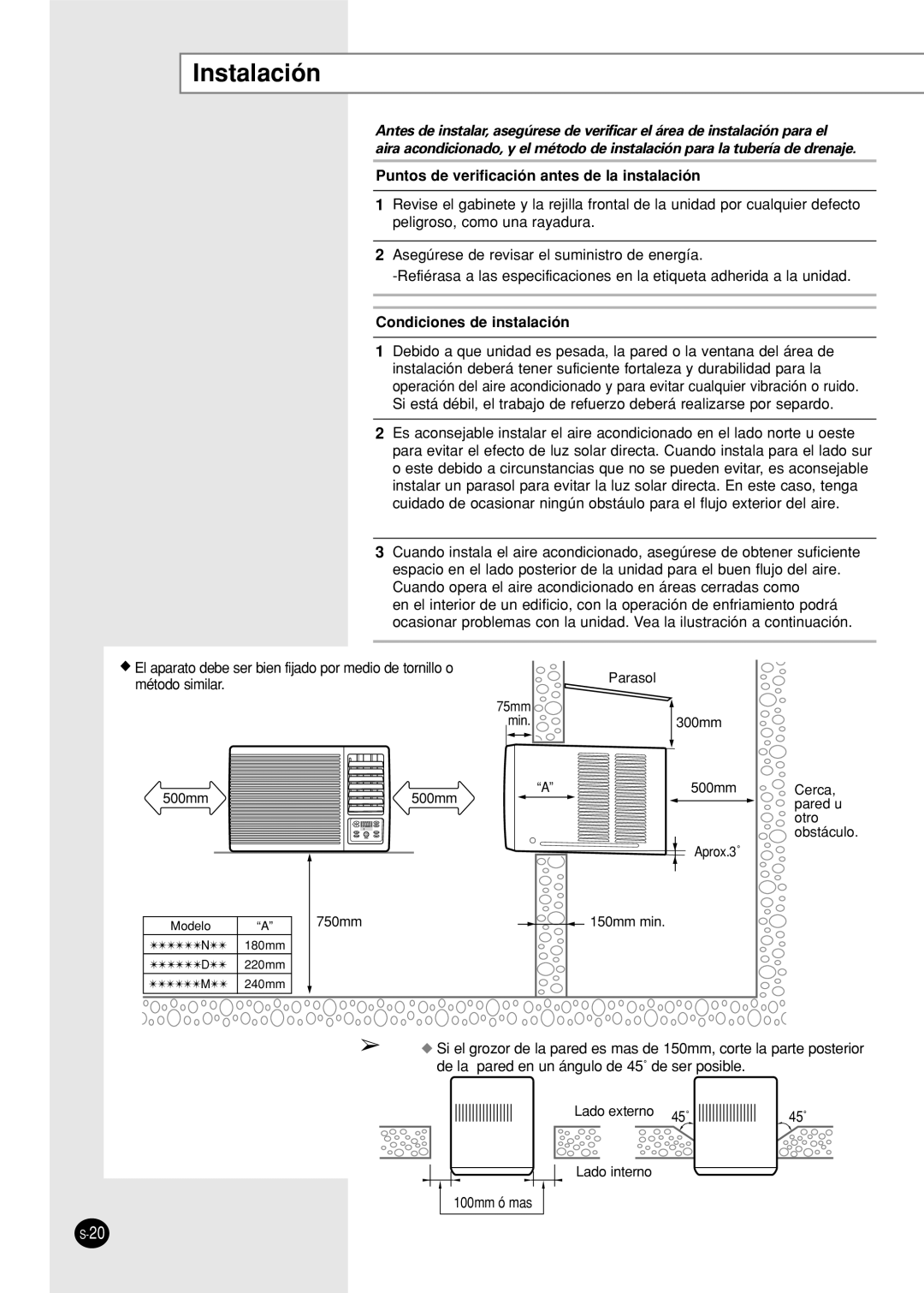 Samsung AWT19FBMBA/BB/EA/EB Instalación, Puntos de verificación antes de la instalación, Condiciones de instalación 