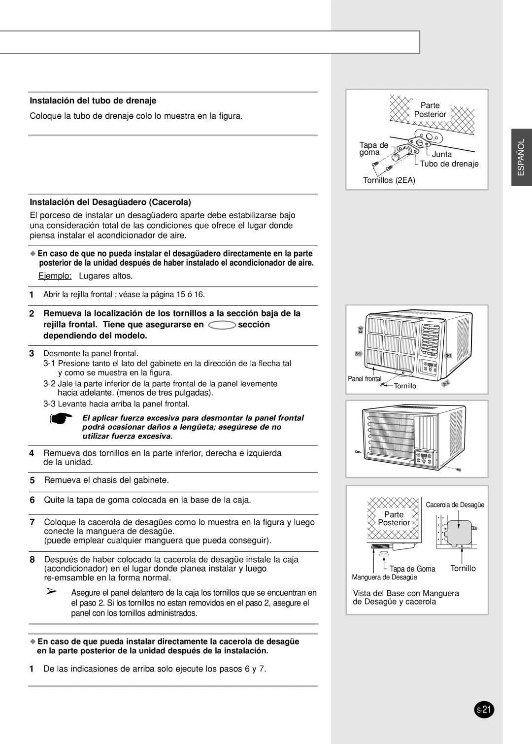 Samsung AWT18FBMBA/BB/DA/EA/EB, AW10FBDAA/BA/CA Instalación del tubo de drenaje, Instalación del Desagüadero Cacerola 