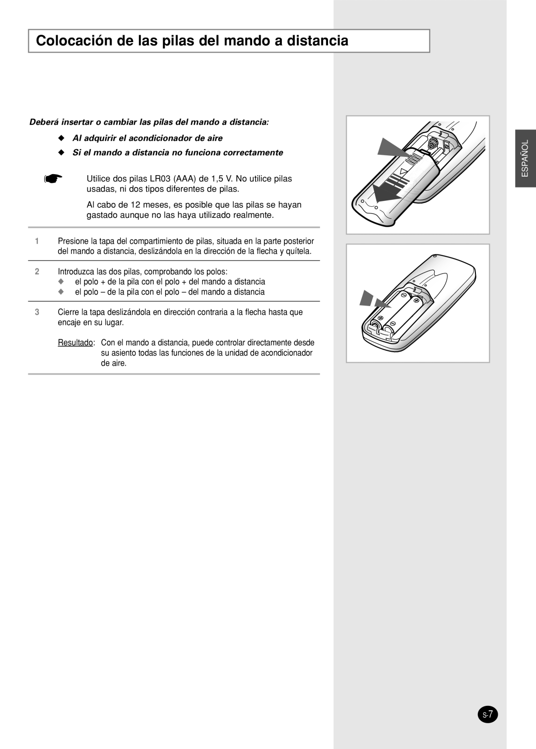 Samsung AWT20FBMBA/BB Colocación de las pilas del mando a distancia, Al adquirir el acondicionador de aire, Español 