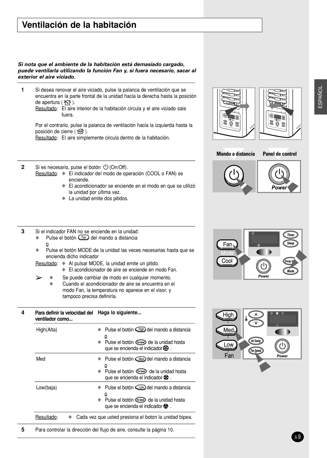 Samsung AW24FBMCA/CB/CC/CD Mando a distancia Panel de control, Haga lo siguiente, ventilador como, Resultado, Español 