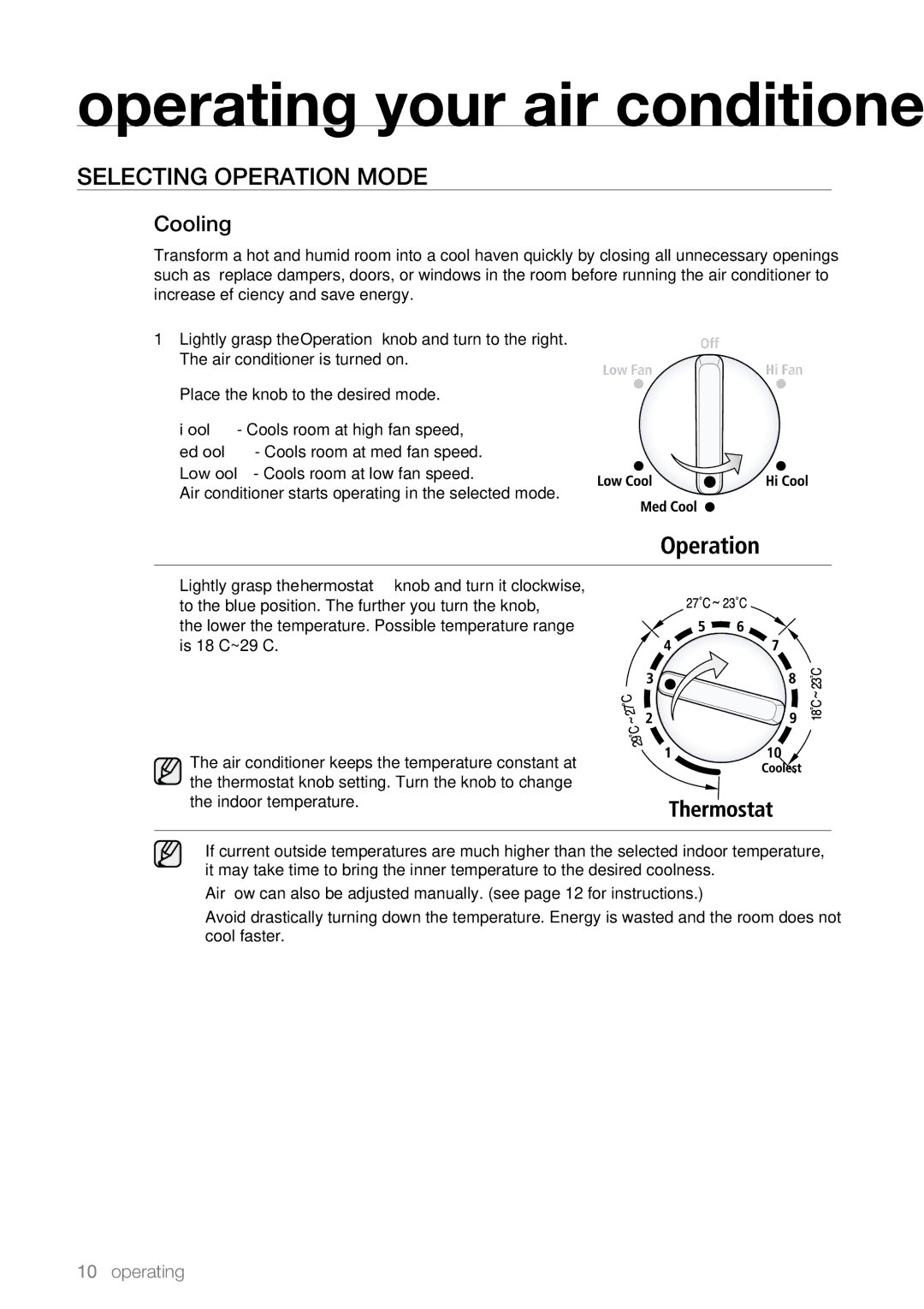 Samsung AW09L1 Series, AW07L1 Series user manual Operating your air conditioner, Cooling 