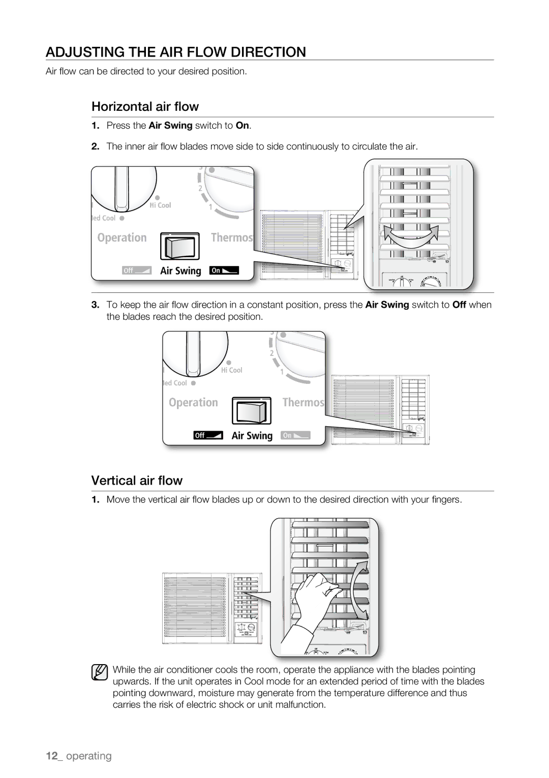 Samsung AW09L1 Series, AW07L1 Series user manual Adjusting the AIR Flow Direction, Horizontal air flow, Vertical air flow 