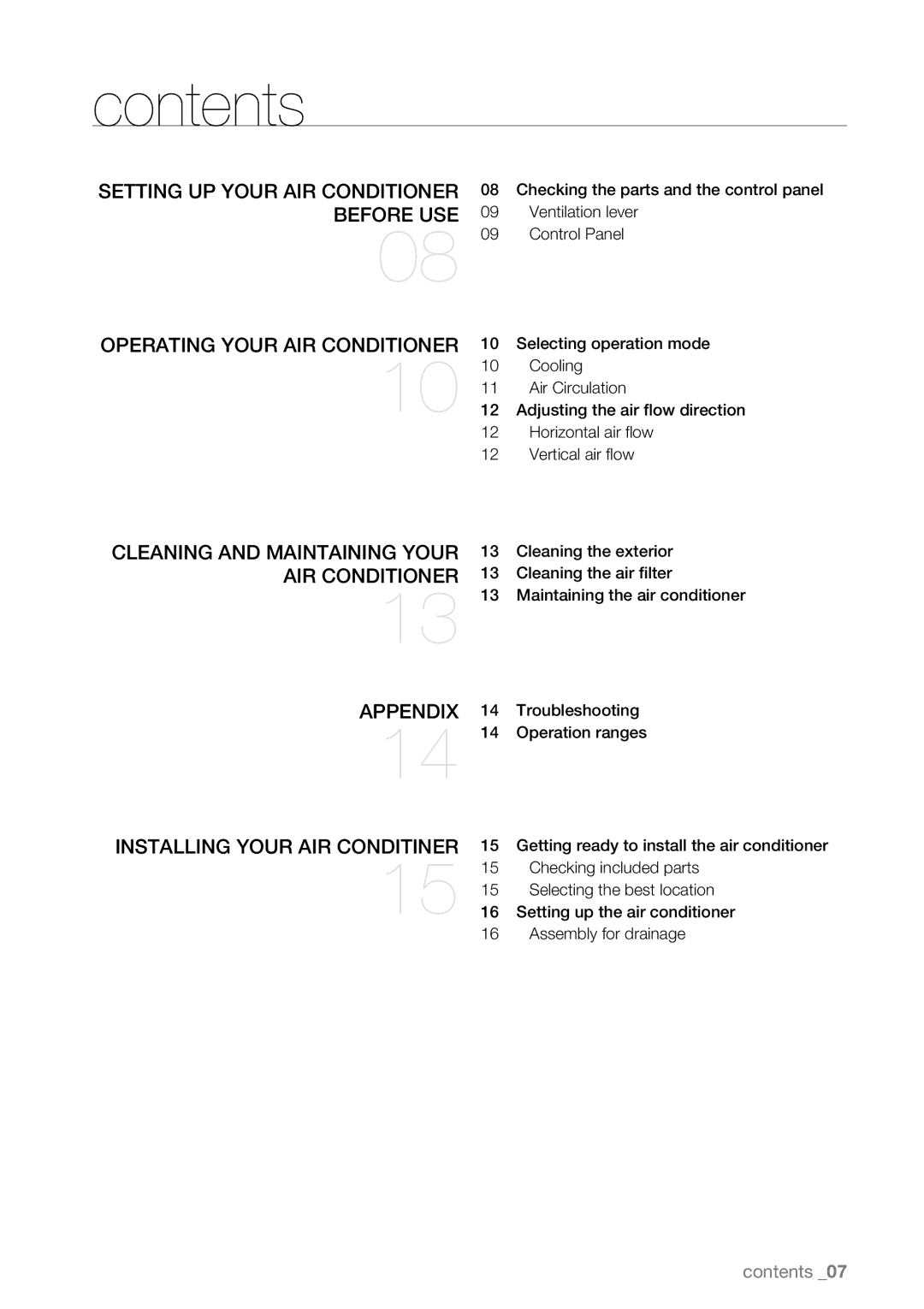 Samsung AW07L1 Series, AW09L1 Series user manual Contents 