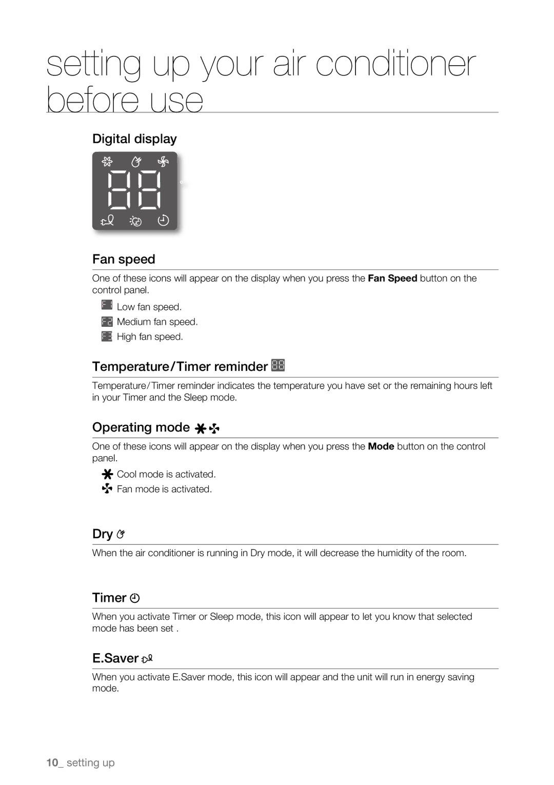 Samsung AW12EDB Series, AW10EDB Series Digital display Fan speed, Temperature/Timer reminder, Operating mode, Dry, Saver 