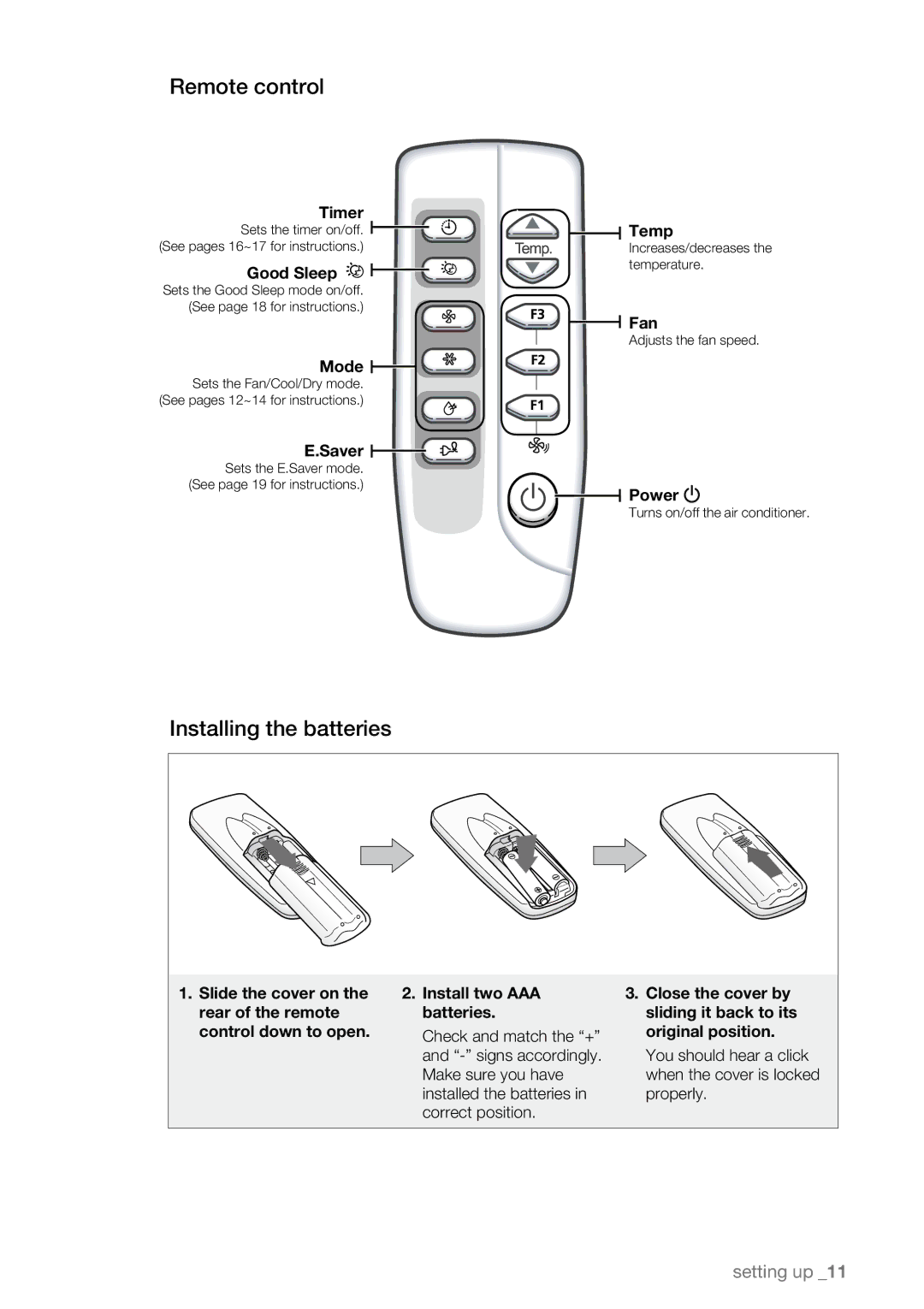 Samsung AW08EDB Series, AW10EDB Series, AW12EDB Series user manual Remote control, Installing the batteries 